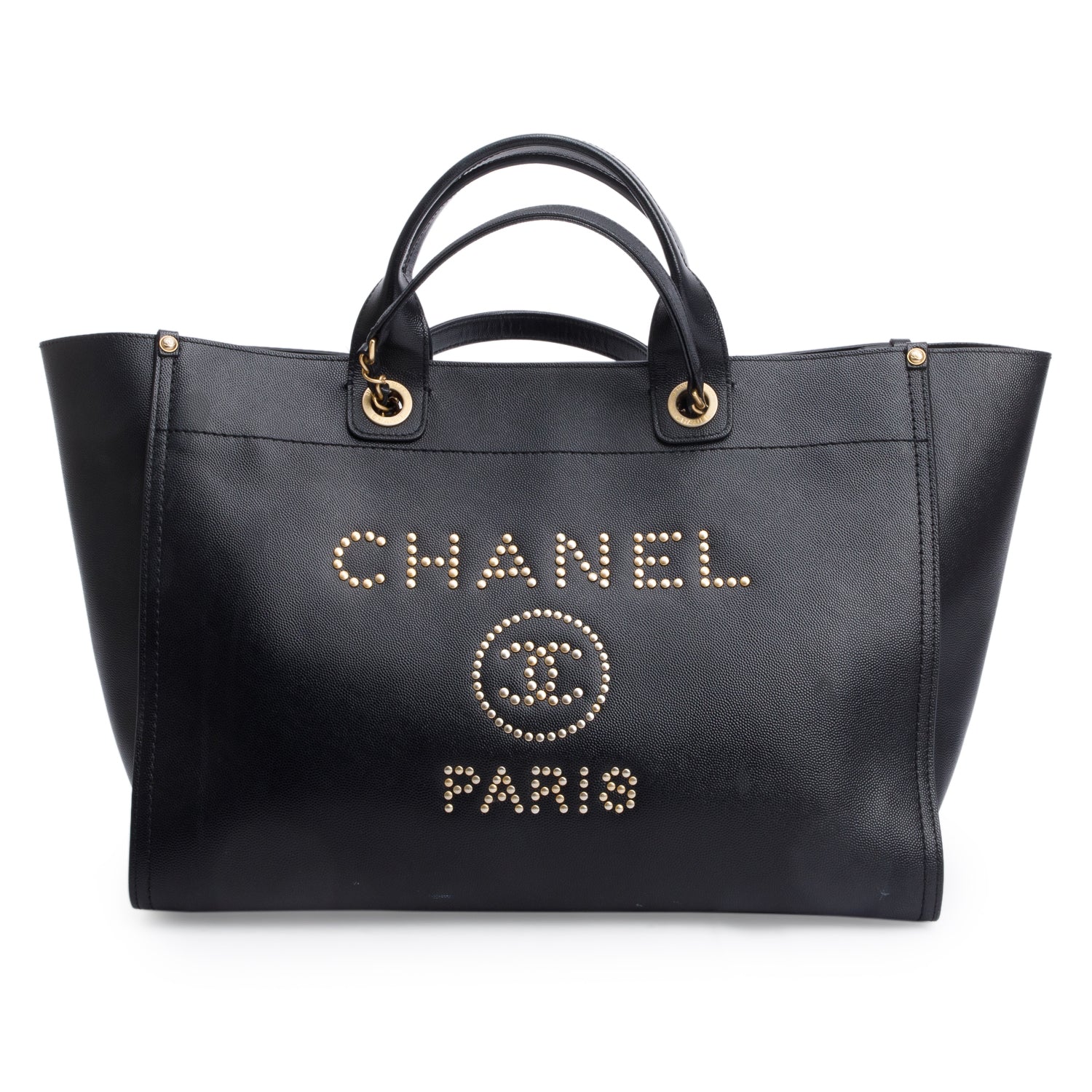 Chanel Caviar Studded Deauville Leather Black Travel Bag Authenticity Card