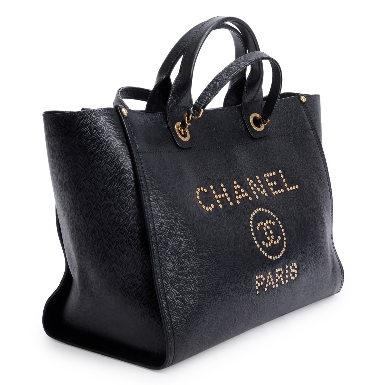 Chanel Caviar Studded Deauville Leather Black Travel Bag Authenticity Card