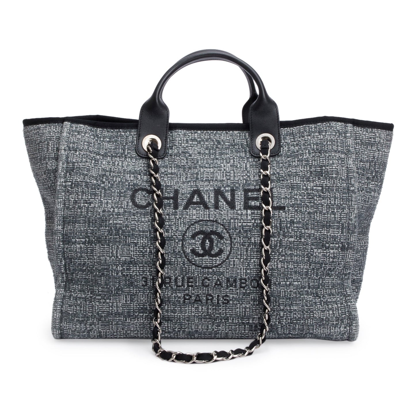 Chanel Trim Deauville Shopping Canvas Leather Calfskin Black Travel Bag Authenticity Card