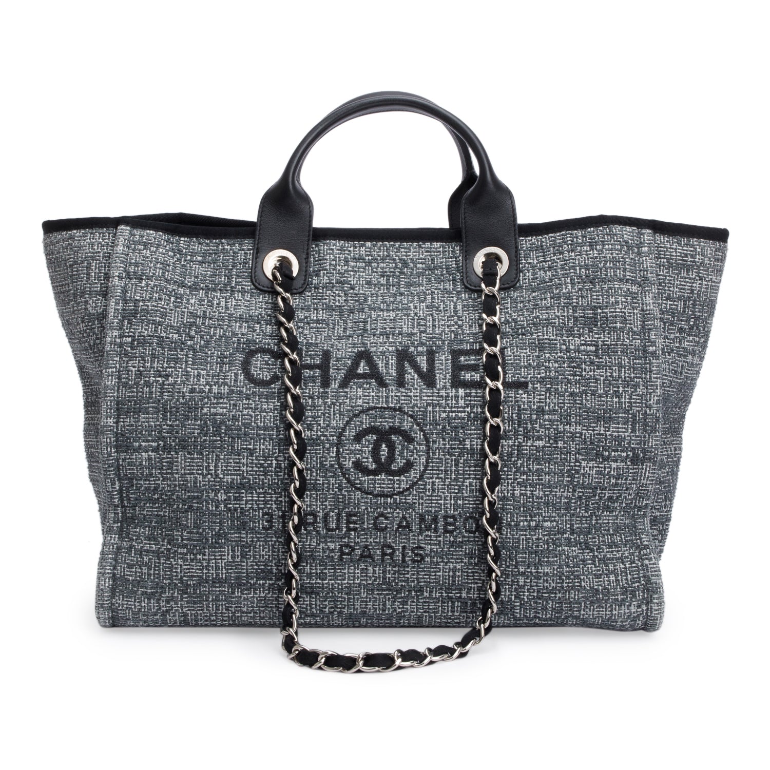 Chanel Trim Deauville Shopping Canvas Leather Calfskin Black Travel Bag Authenticity Card