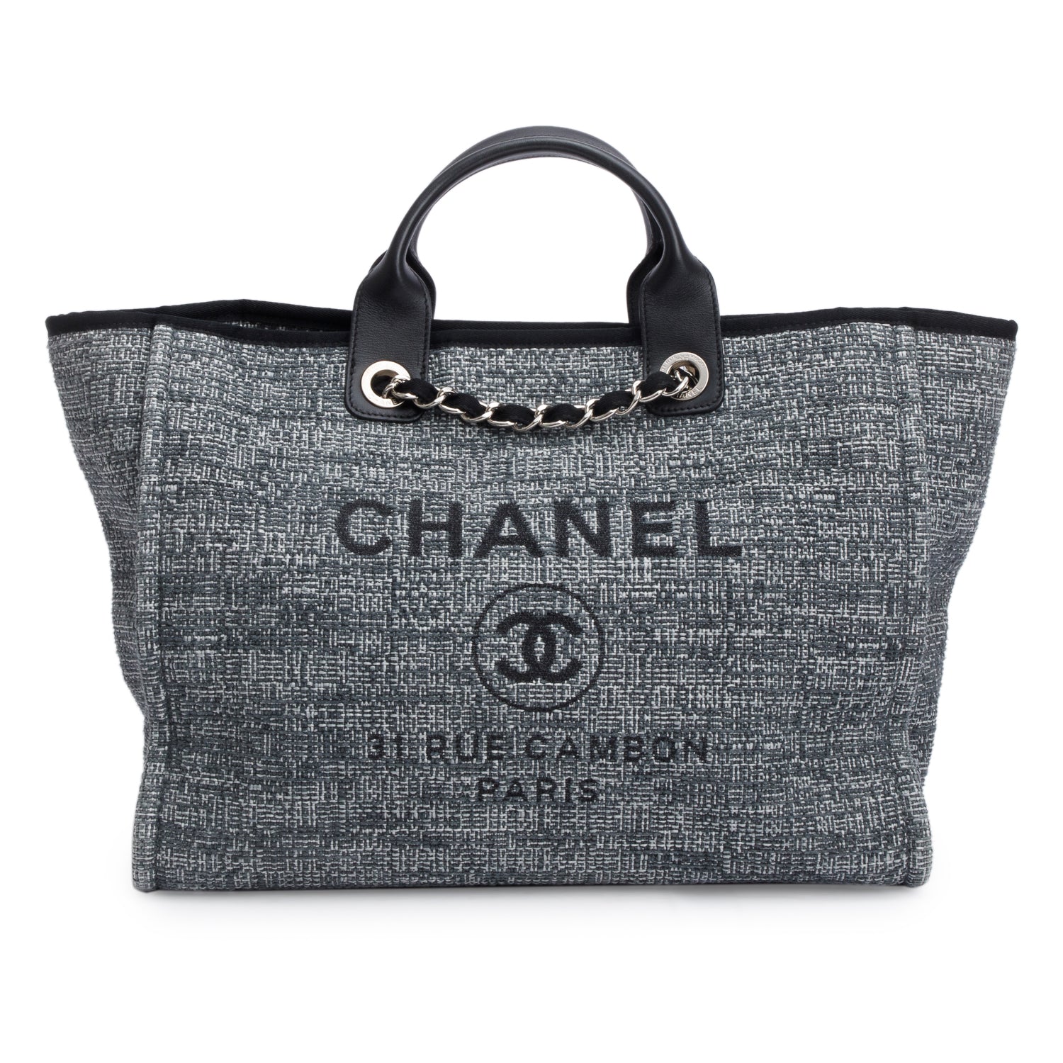 Chanel Trim Deauville Shopping Canvas Leather Calfskin Black Travel Bag Authenticity Card
