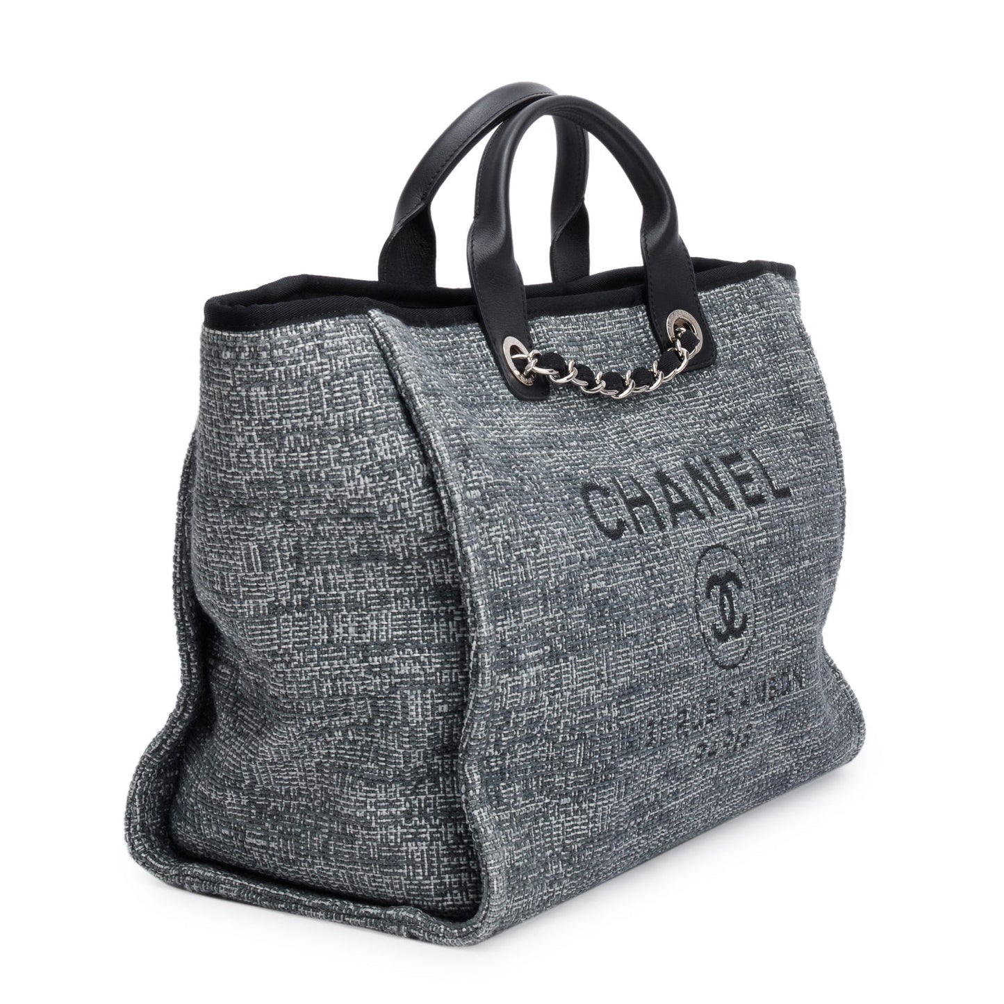 Chanel Trim Deauville Shopping Canvas Leather Calfskin Black Travel Bag Authenticity Card