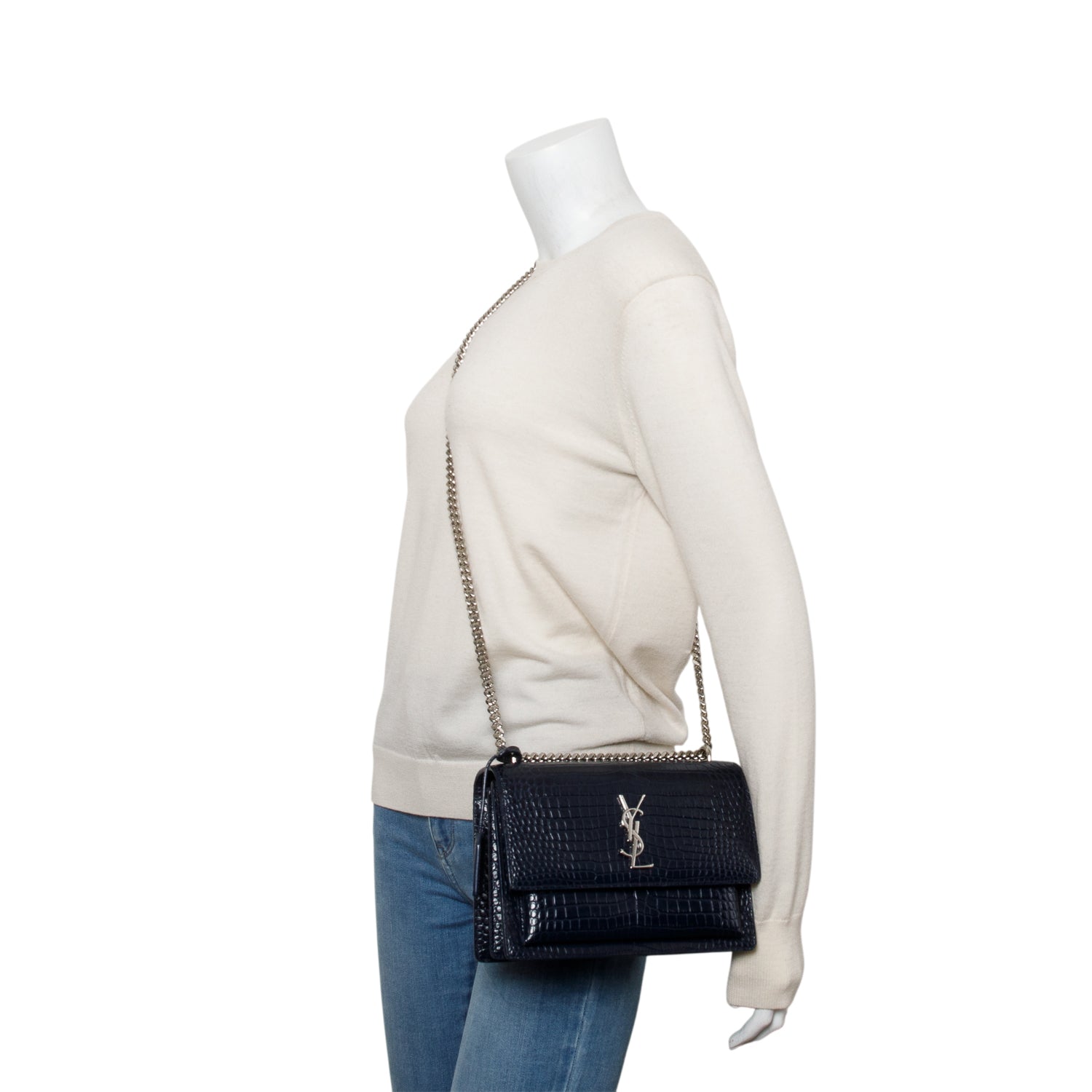 YSL Saint Laurent Navy Croc Embossed Sunset Bag Leather Medium Travel Bag