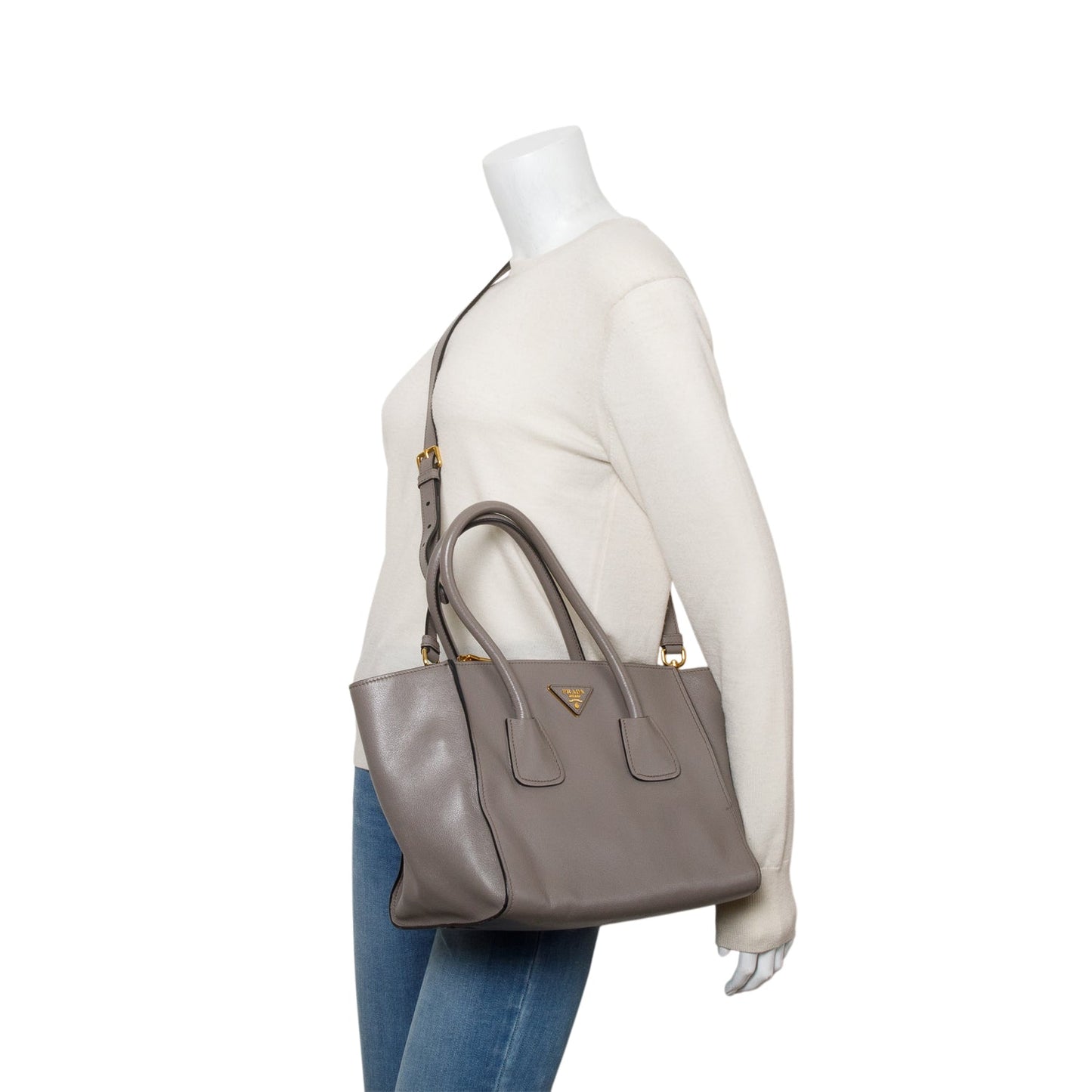 Prada Grey City Calf Twin Pocket Tote Handbag Small Tote Bag