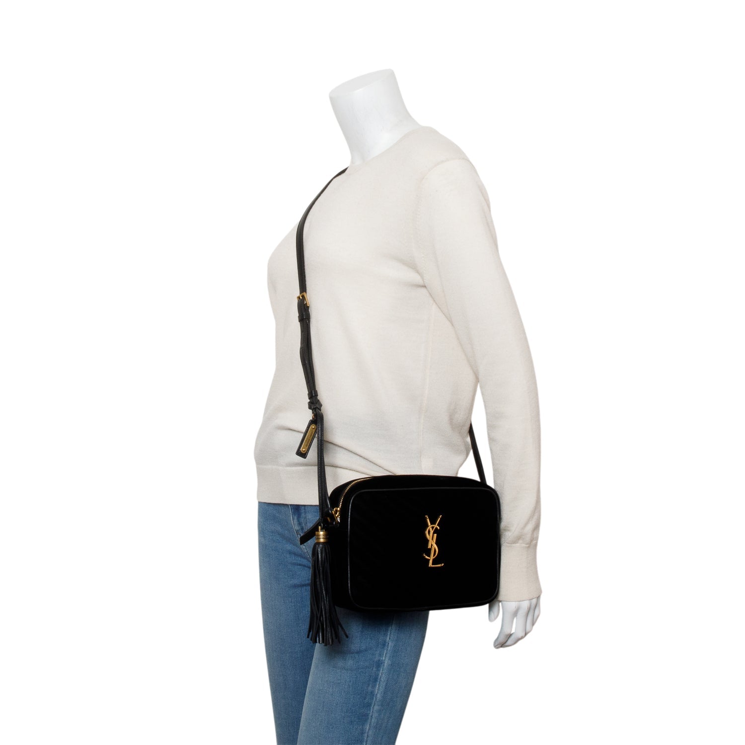 YSL Saint Laurent Velvet Lou Chevron Camera Bag Black Medium Crossbody Bag