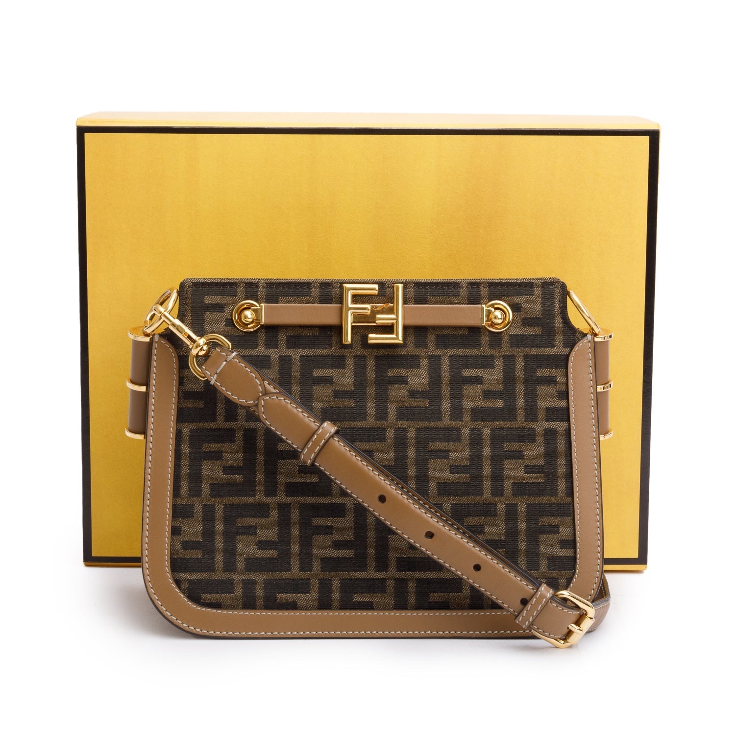 Fendi Ff Zucca Tan Trim Medium Touch Shoulder Leather Canvas Shoulder Bag