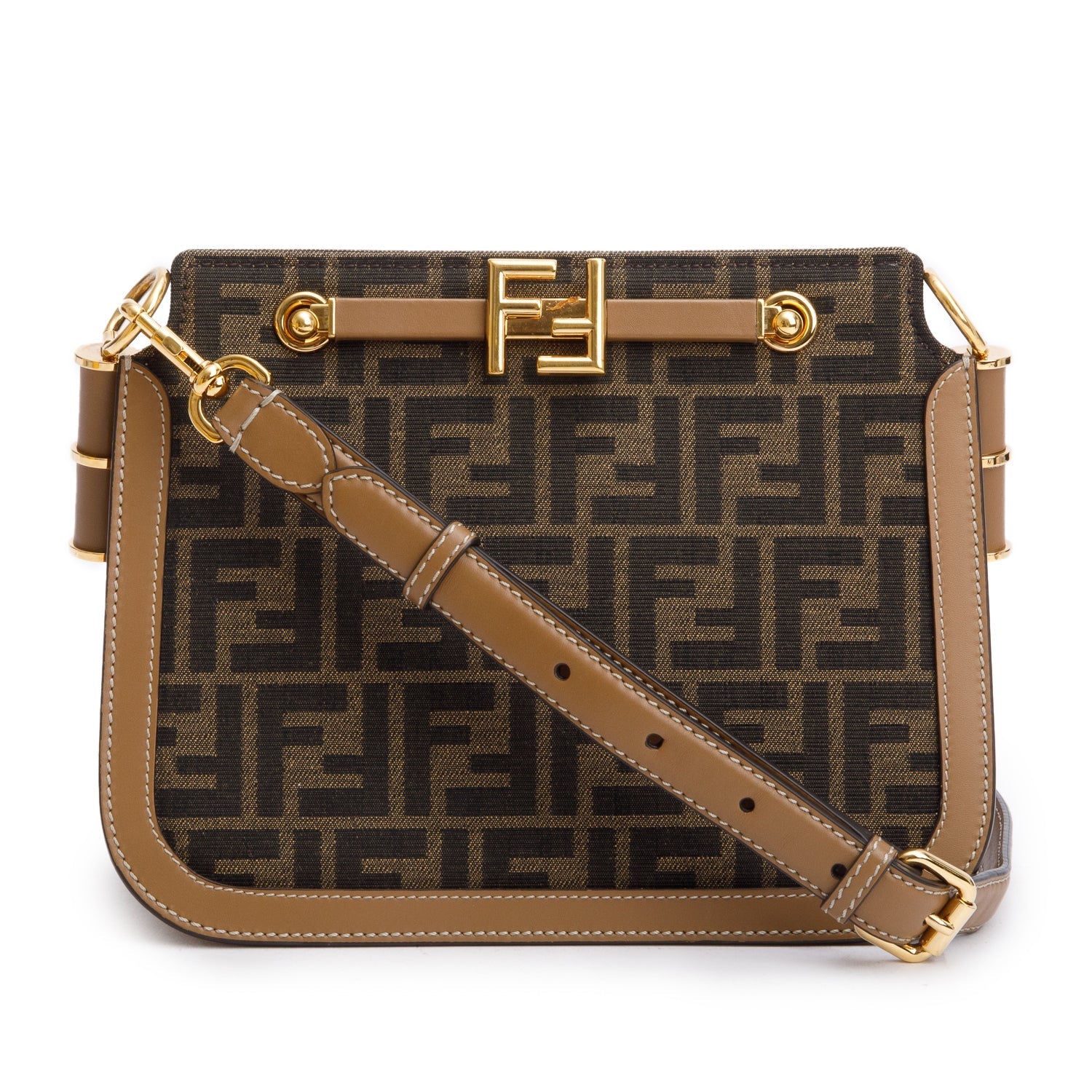 Fendi Ff Zucca Tan Trim Medium Touch Shoulder Leather Canvas Shoulder Bag