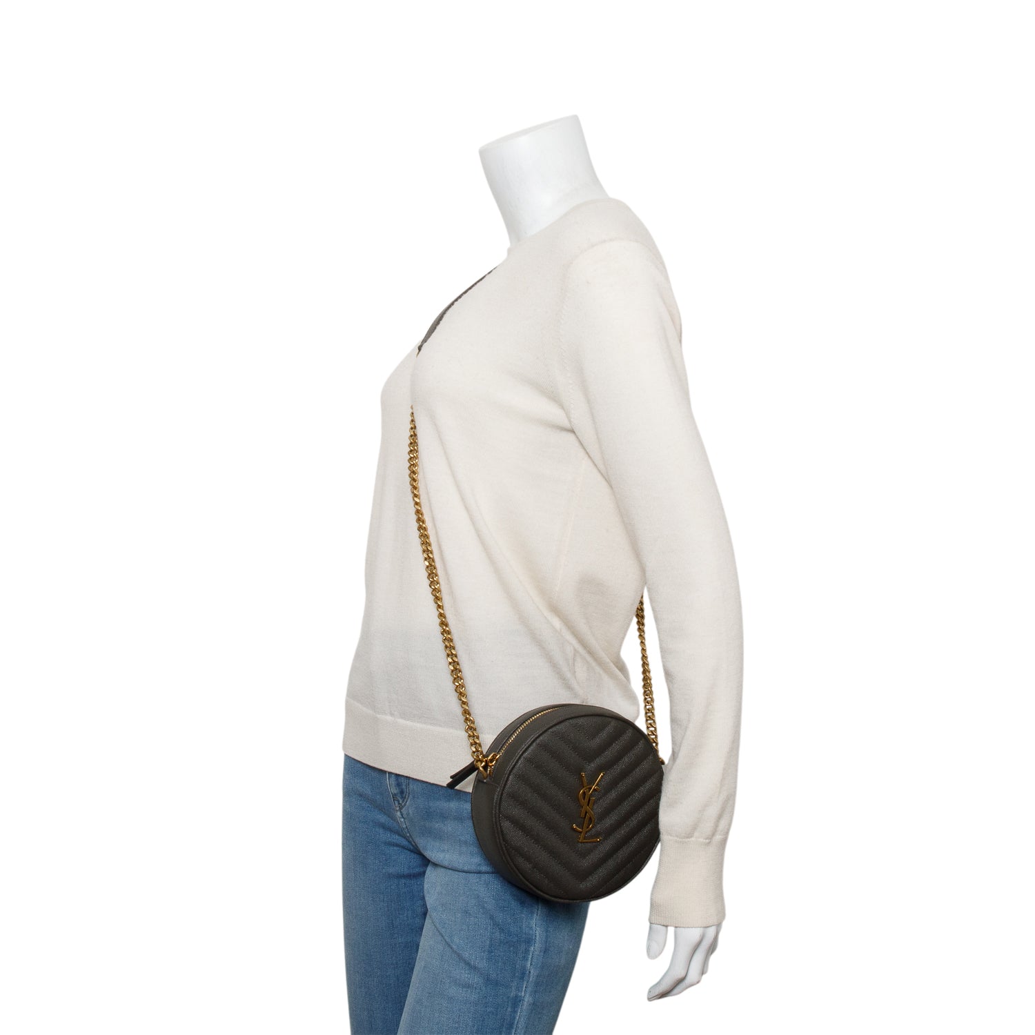 YSL Saint Laurent Grey Chevron Round Camera Bag Leather Quilted Crossbody Bag