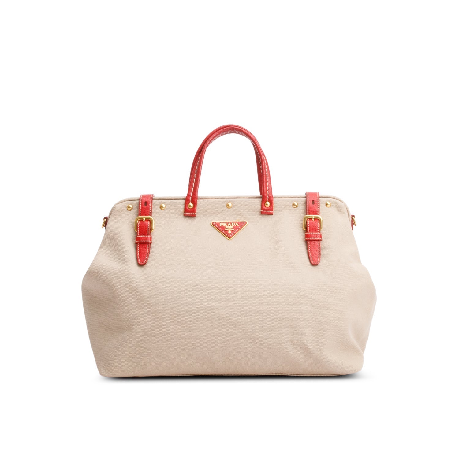 Prada Neutral Trim Frame Tote Handbag Leather Canvas Tote Bag