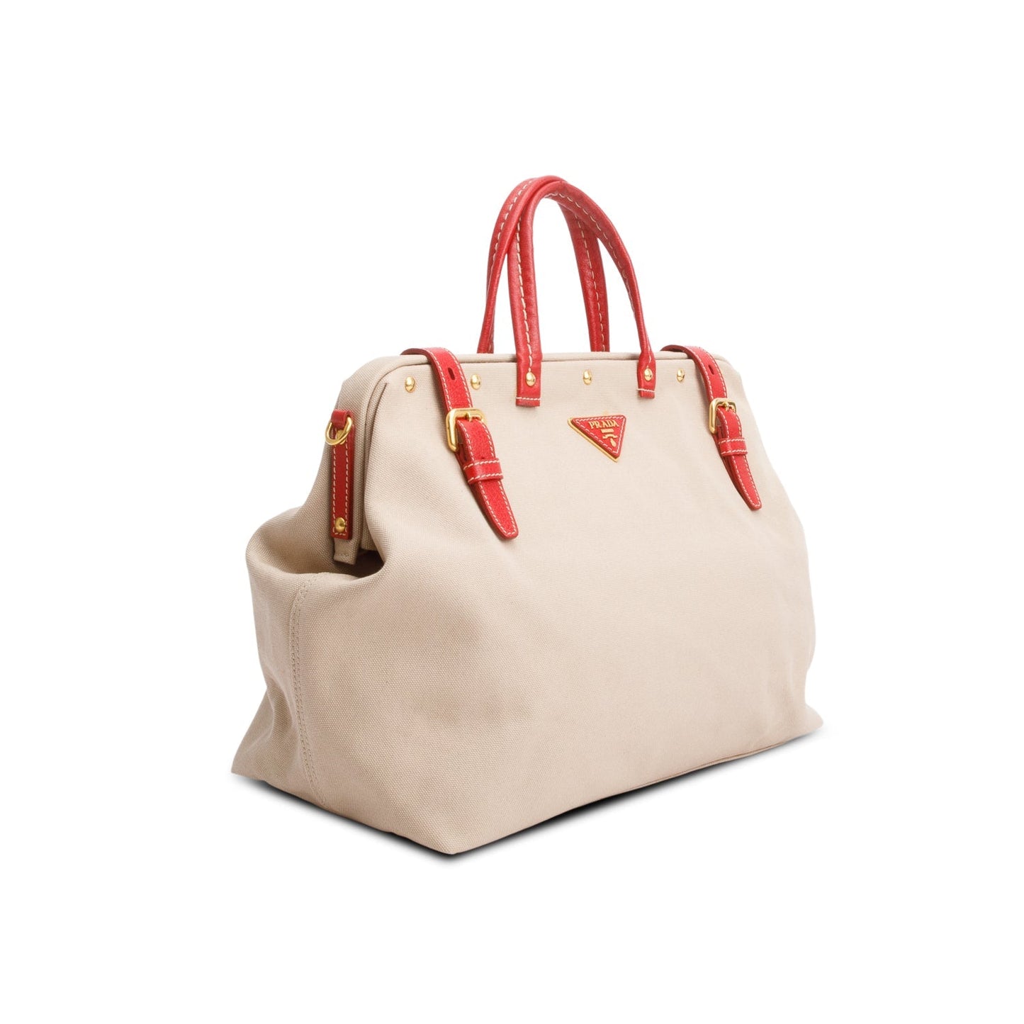 Prada Neutral Trim Frame Tote Handbag Leather Canvas Tote Bag