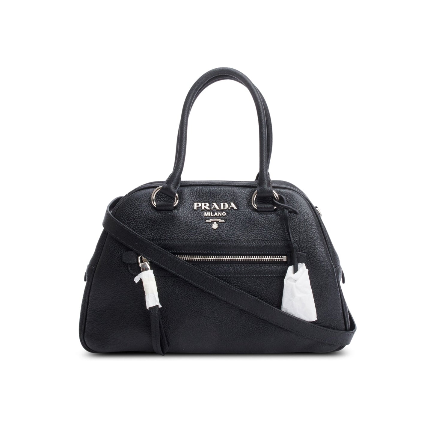 Prada Vitello Phenix Convertible Bowling Bag Strap & Leather Black Travel Bag