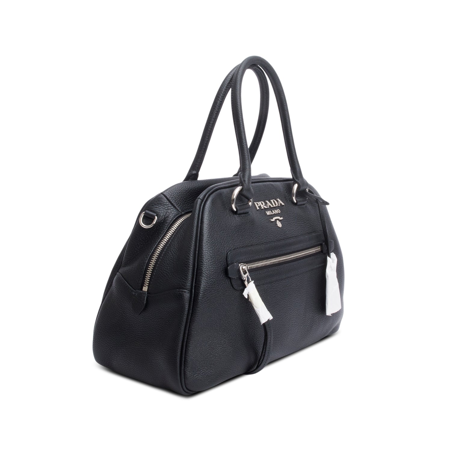 Prada Vitello Phenix Convertible Bowling Bag Strap & Leather Black Travel Bag