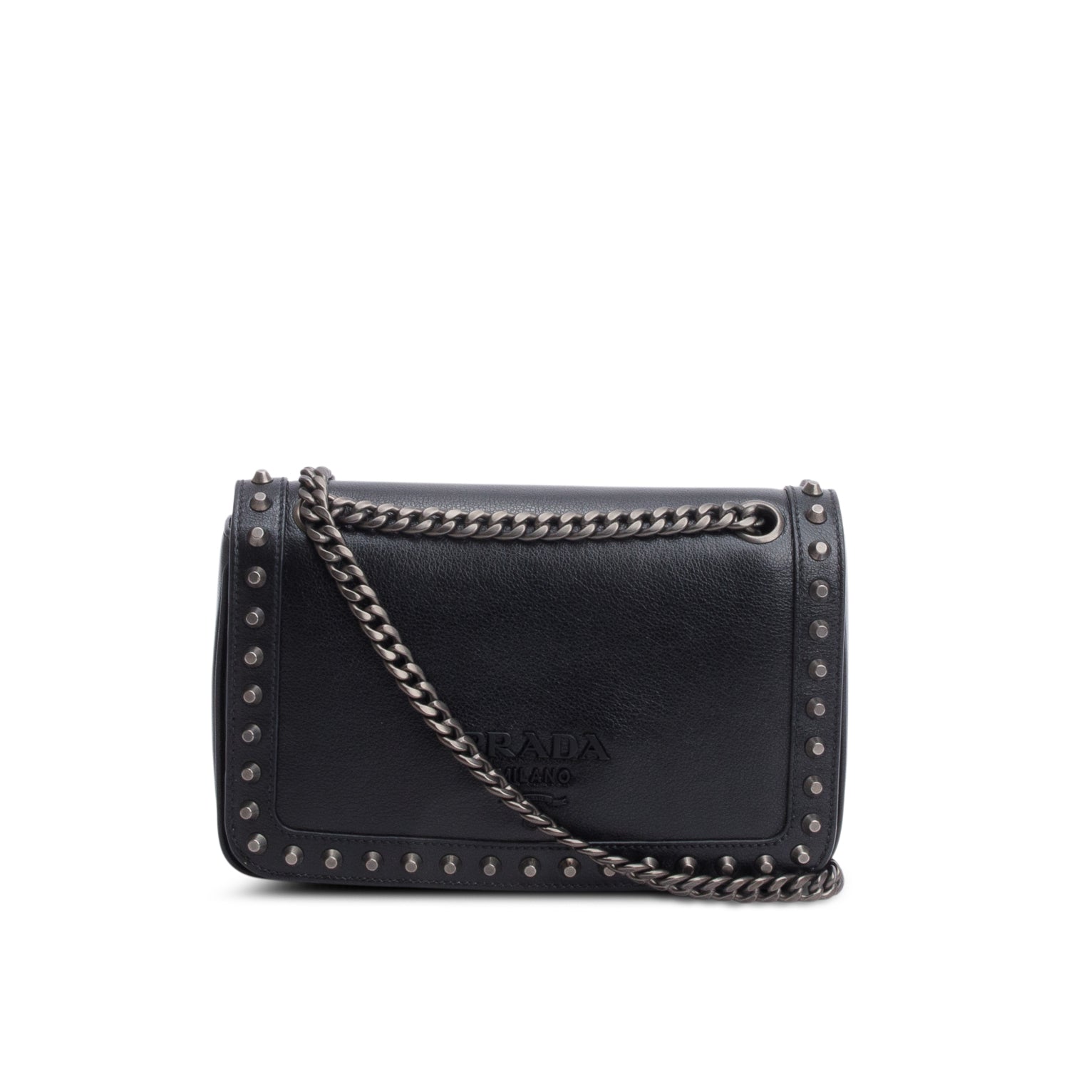 Prada Pattina Glace Calf Studded Crossbody Bag Black