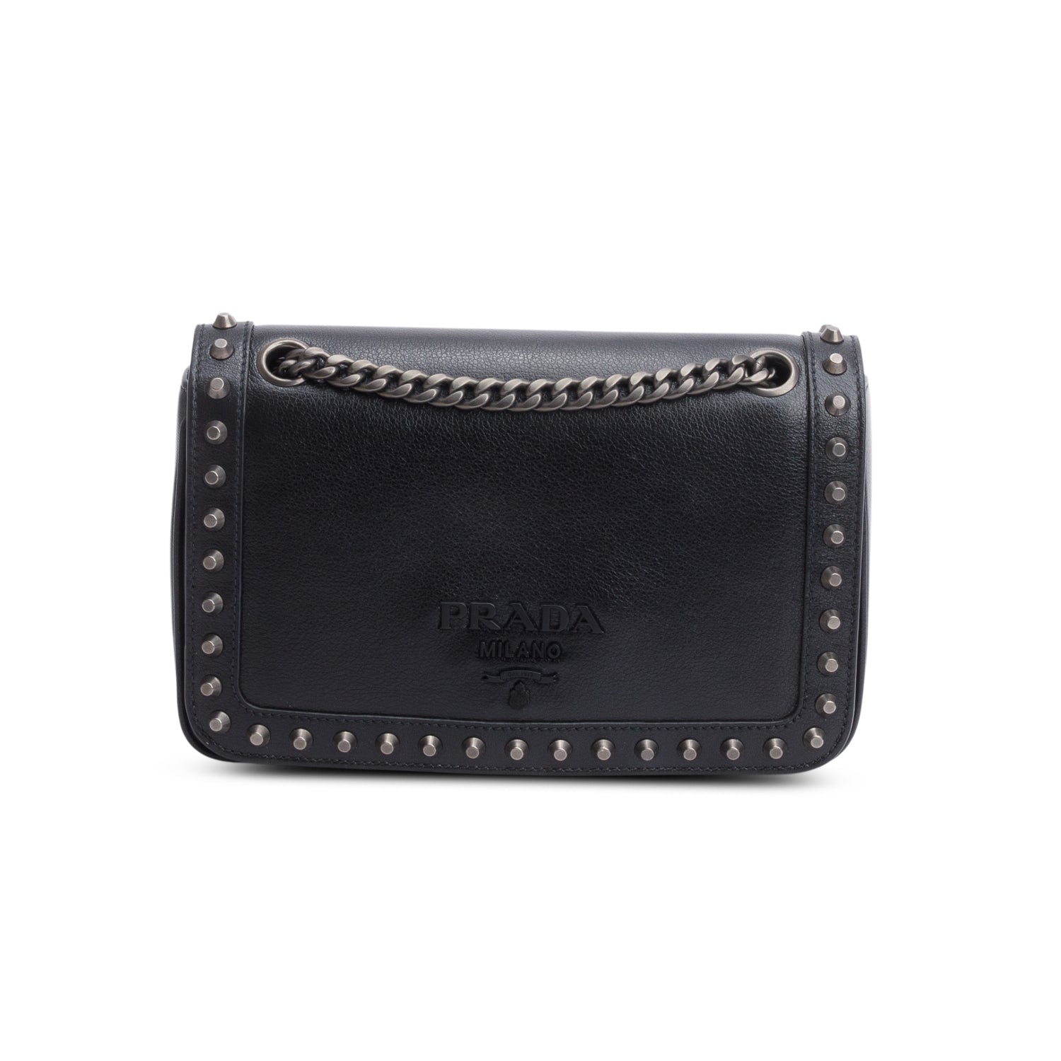 Prada Pattina Glace Calf Studded Crossbody Bag Black
