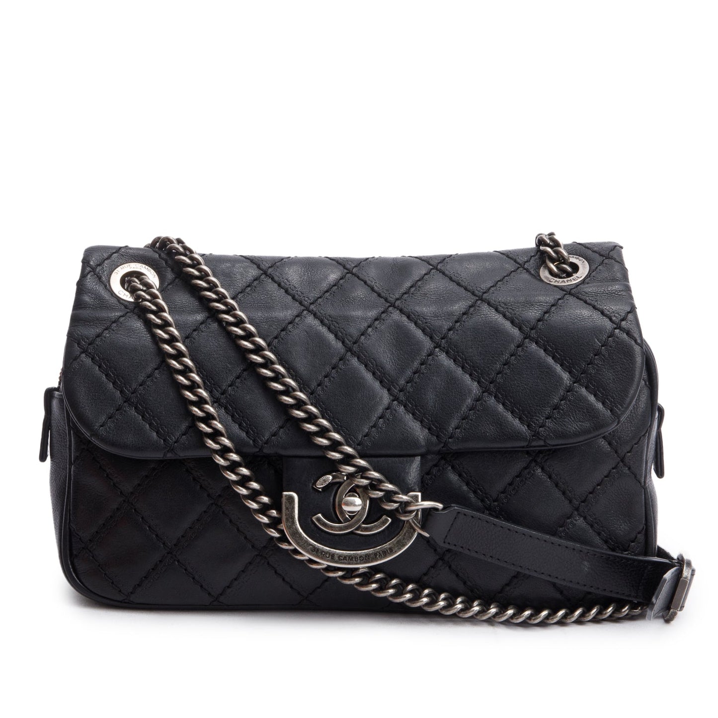Chanel Quilted Paris-Edinburgh Coco Sporran Flap Leather Calfskin Black Travel Bag Authenticity Card