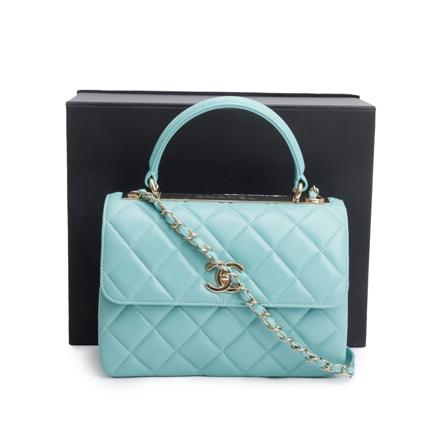 Chanel Teal Quilted Trendy Top Handle Lambskin Travel Bag