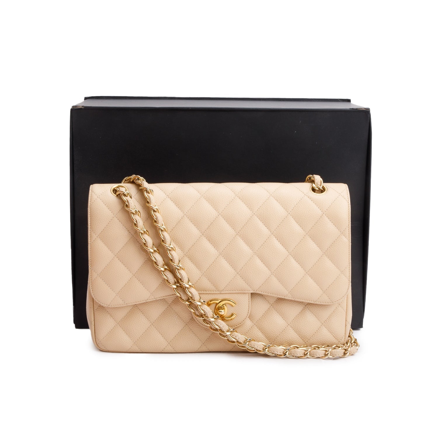 Chanel Quilted Caviar Classic Jumbo Double Leather Beige Travel Bag W Box