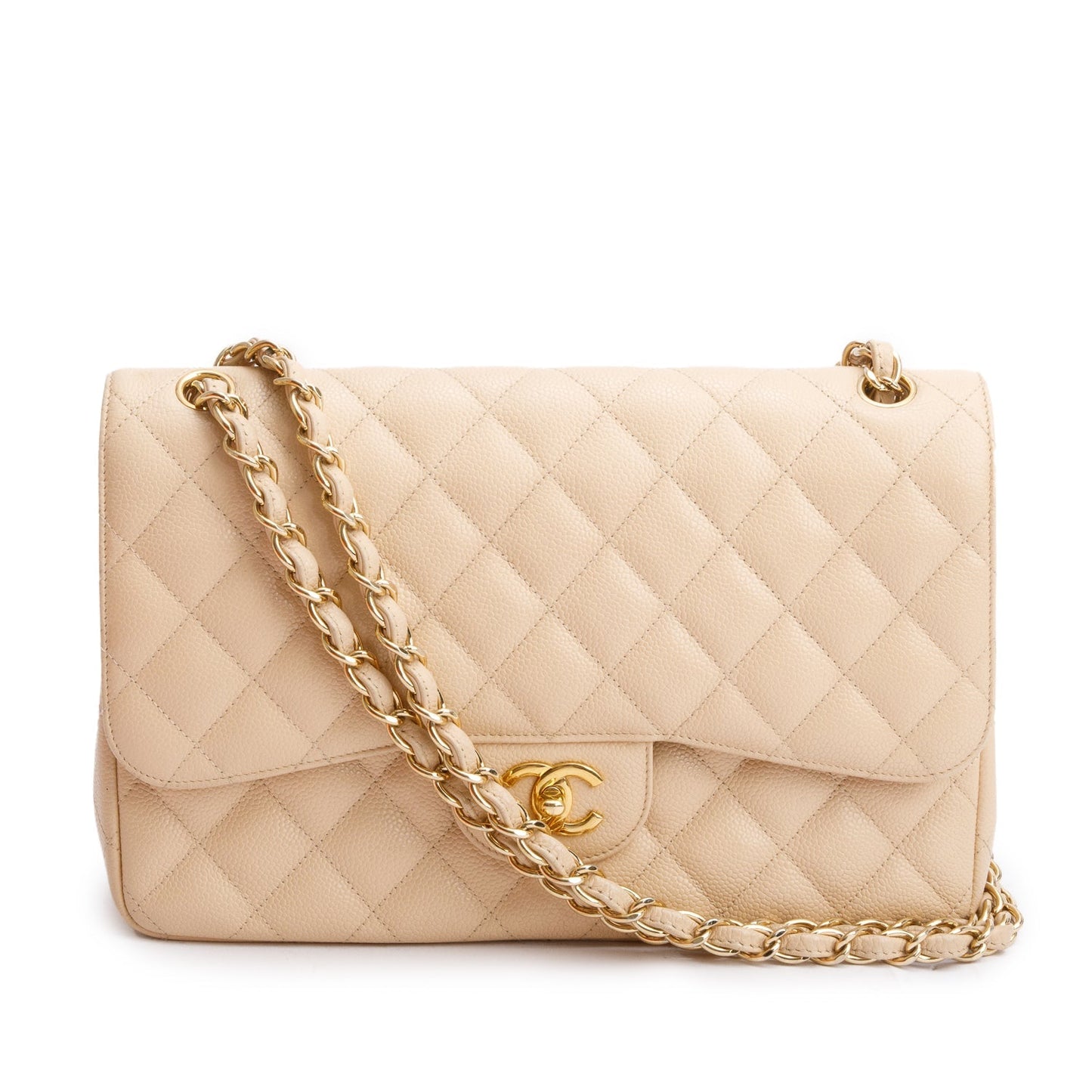 Chanel Quilted Caviar Classic Jumbo Double Leather Beige Travel Bag W Box