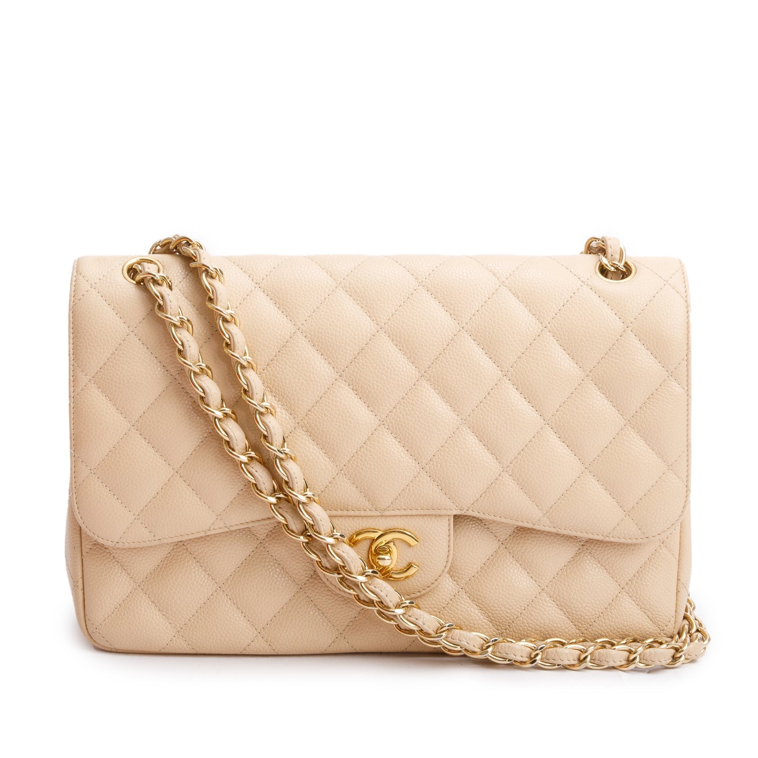 Chanel Quilted Caviar Classic Jumbo Double Leather Beige Travel Bag W Box