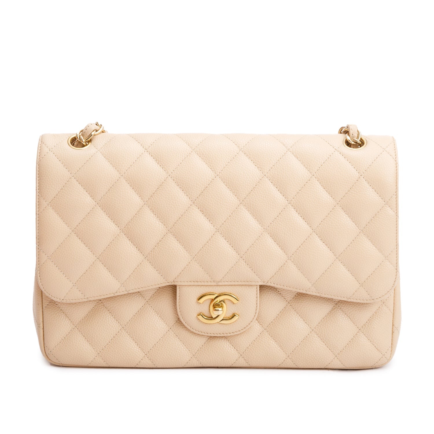 Chanel Quilted Caviar Classic Jumbo Double Leather Beige Travel Bag W Box