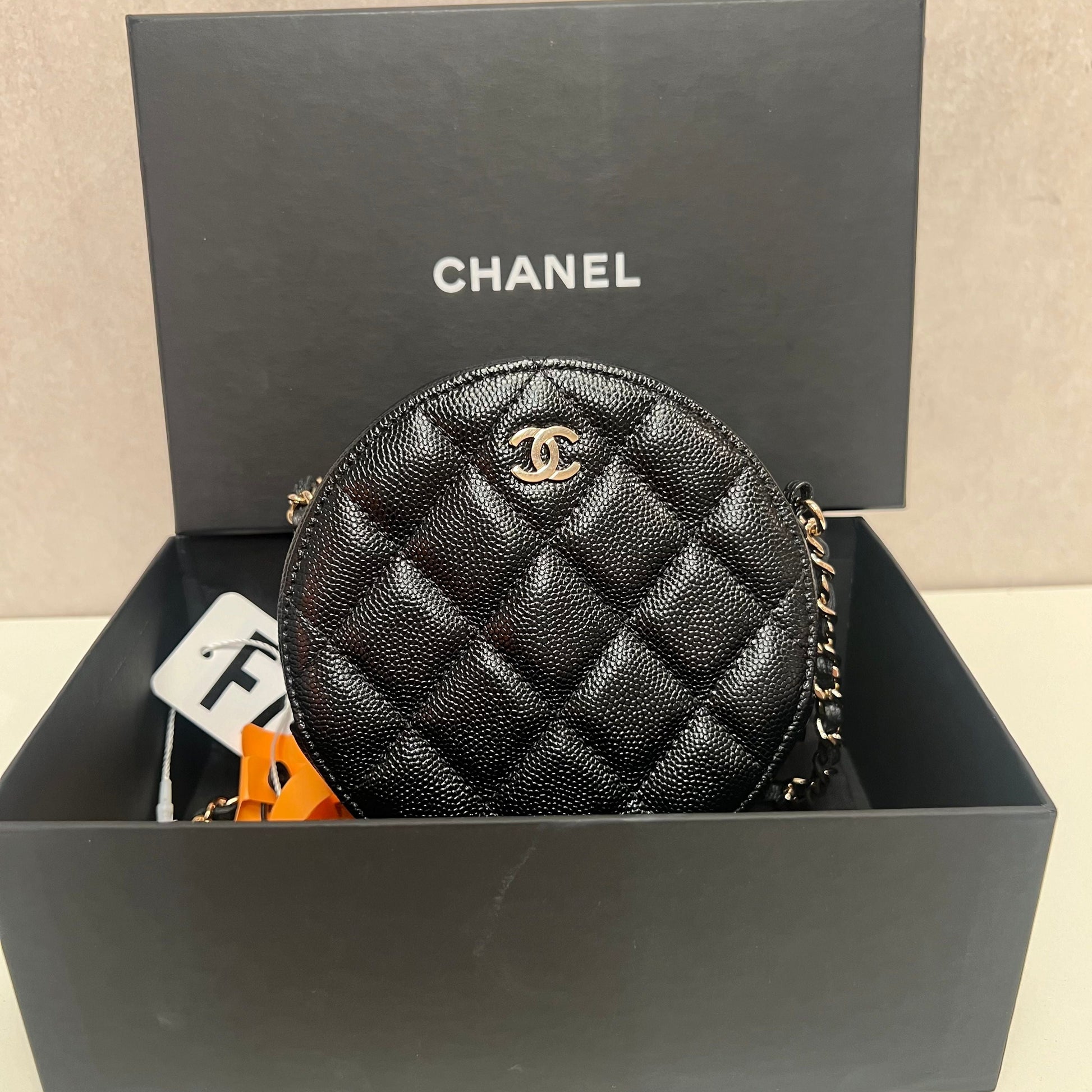 CHANEL Iridescent Caviar Quilted Round Clutch With Chain Black