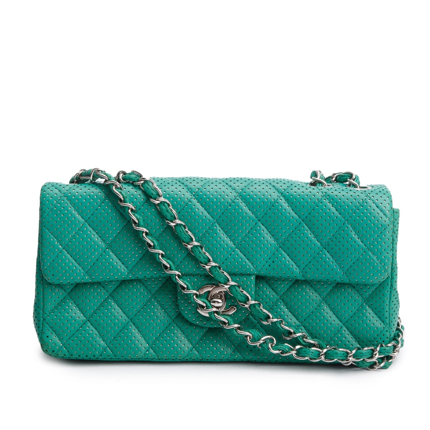 Chanel Perforated East West Flap Lambskin Green Travel Bag