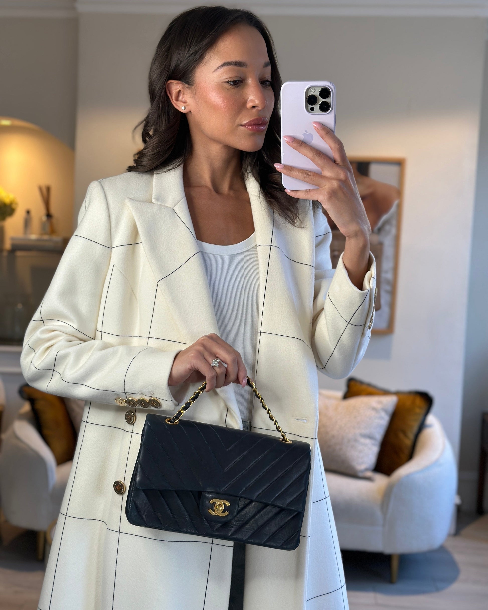 Chanel Navy Classic Medium Chevron Double Flap Bag In Lambskin Leather With 24K Gold Hardware