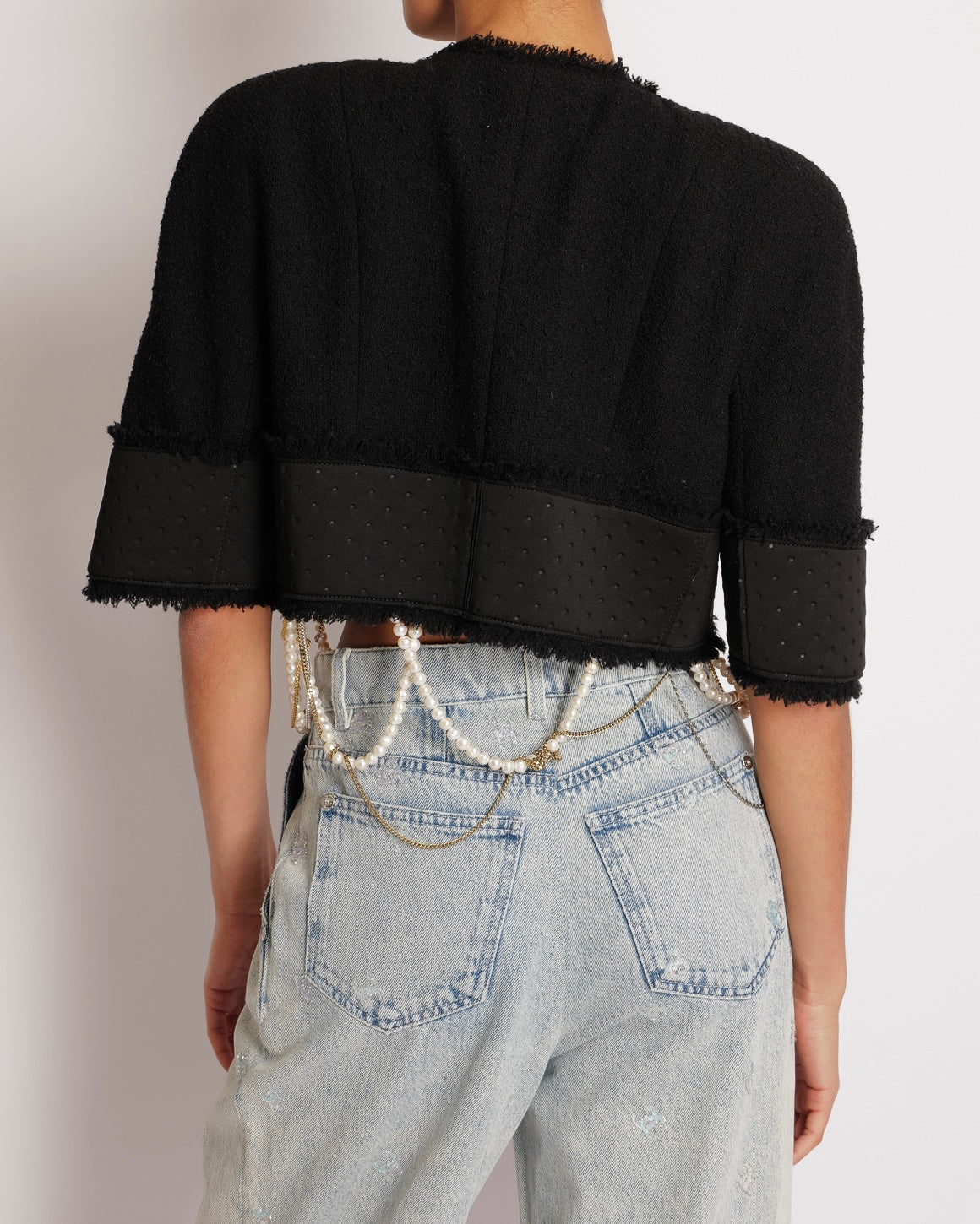 Chanel x Tiger in the Rain Black Tweed Cropped Jacket with Foam Band Insert and Silver Crystal Embellished Buttons with Draped Pearl and Mixed Metal Chain Details Size FR 38 (UK 10)