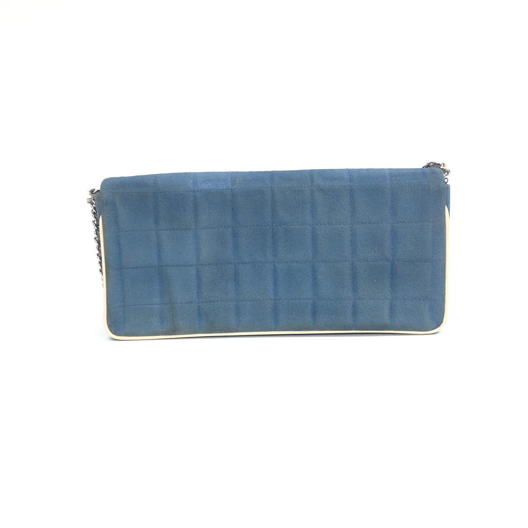 Chanel East West Chocolate Bar Denim Piping Blue Silver Beige Leather Handbag