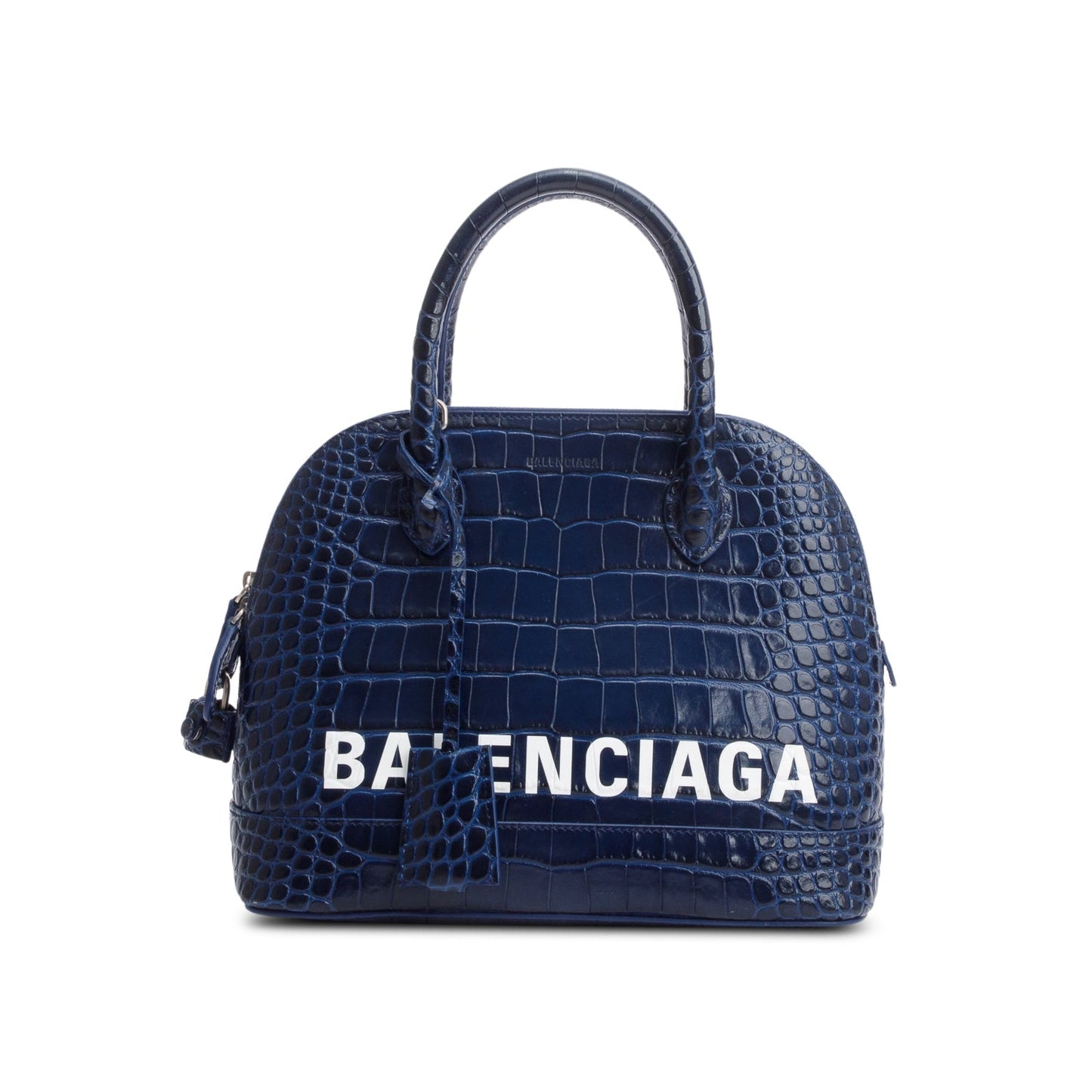 Balenciaga Navy Shiny Calfskin Croc Embossed Ville Top Logo Travel Bag