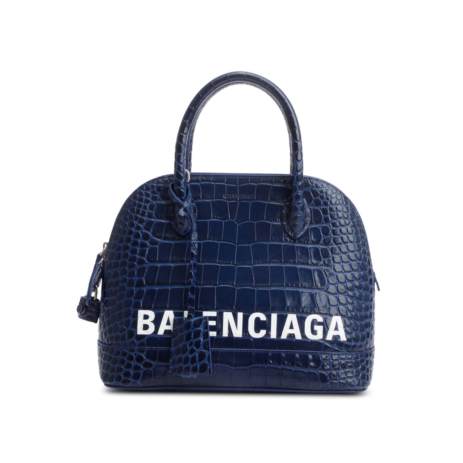 Balenciaga Navy Shiny Calfskin Croc Embossed Ville Top Logo Travel Bag