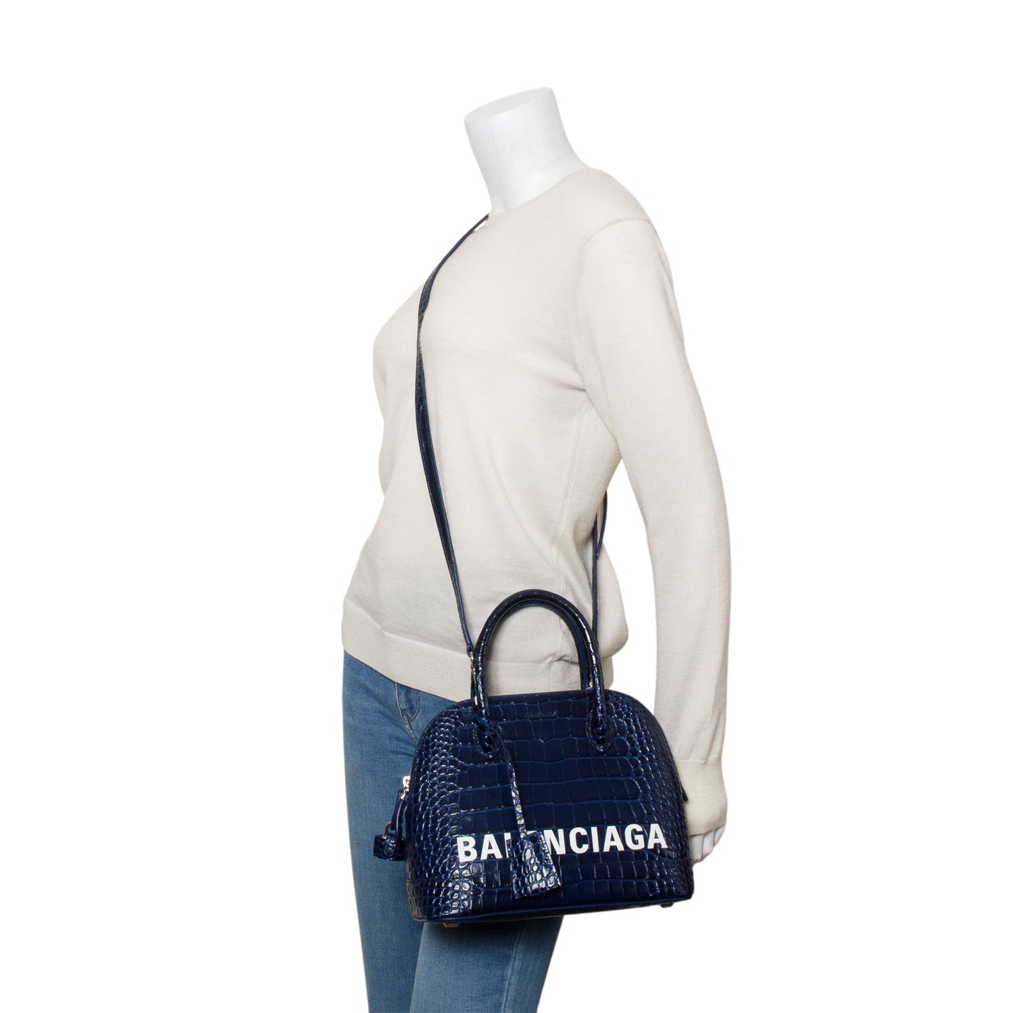 Balenciaga Navy Shiny Calfskin Croc Embossed Ville Top Logo Travel Bag