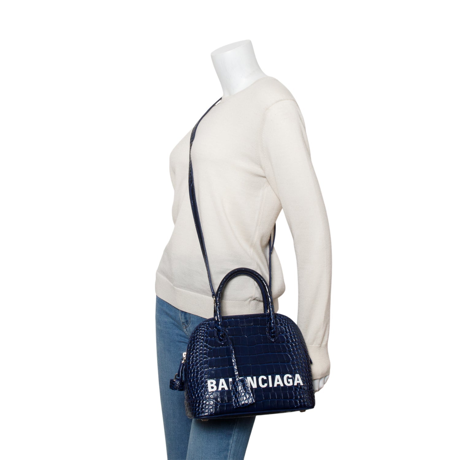 Balenciaga Navy Shiny Calfskin Croc Embossed Ville Top Logo Travel Bag
