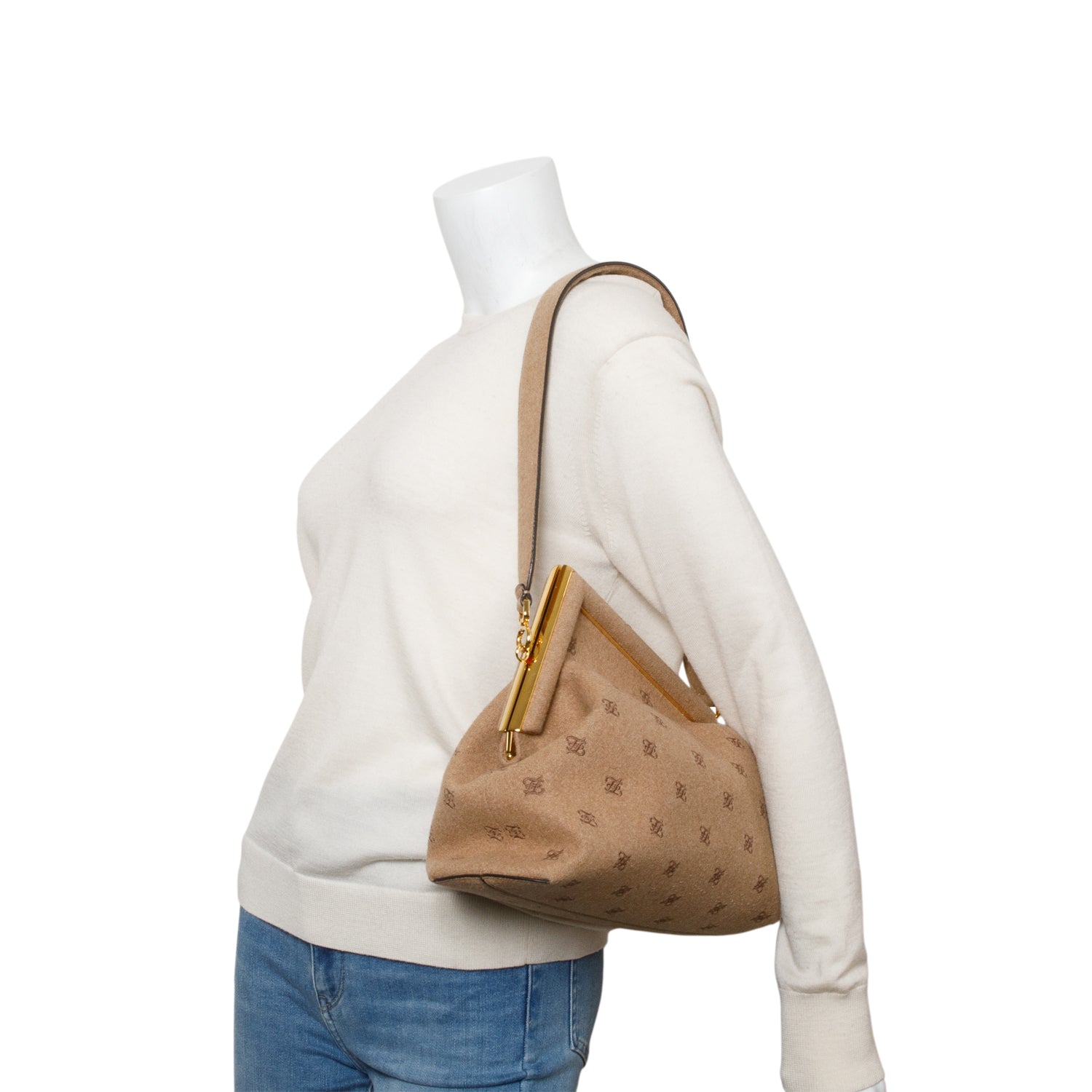 Fendi Flannel Karligraphy Embroidered First Bag Beige Travel Bag