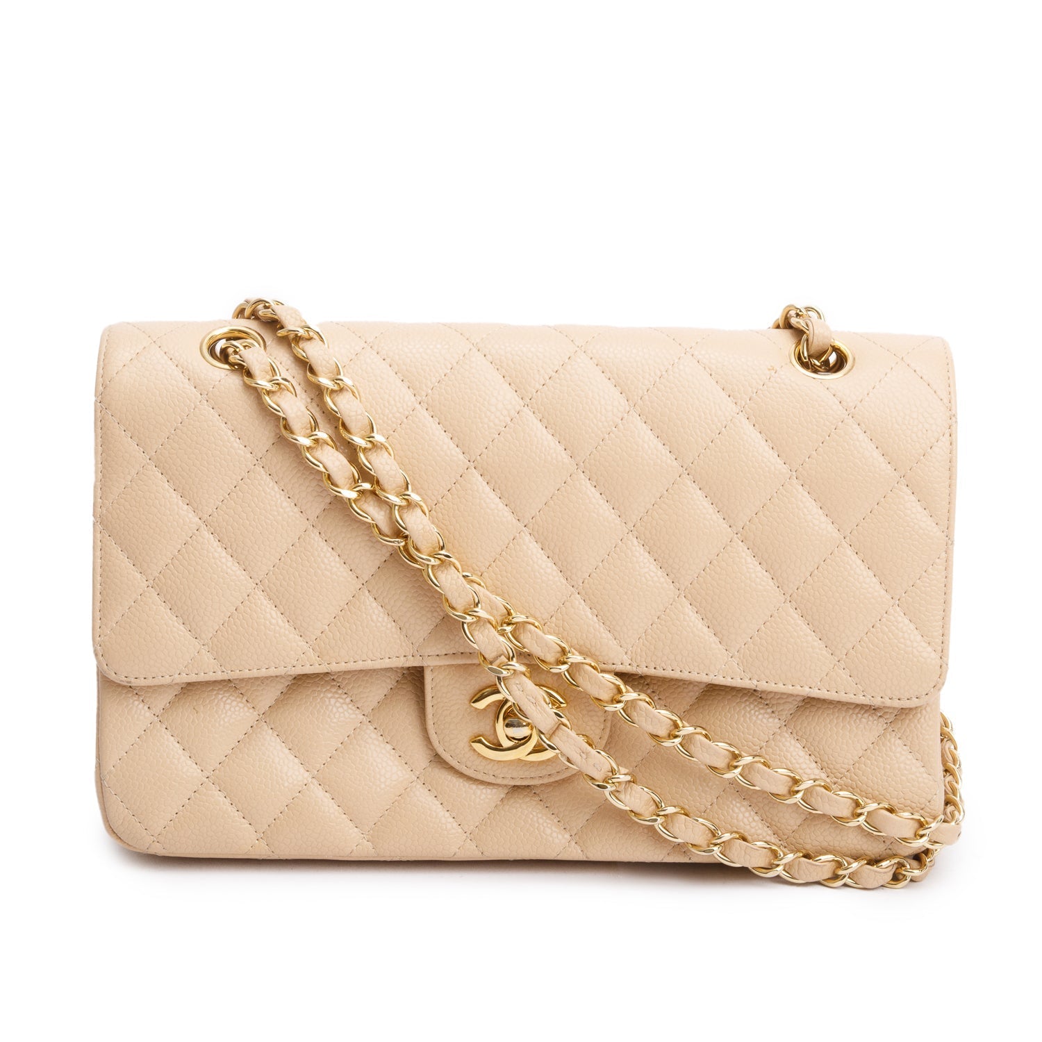Chanel Quilted Caviar Double Flap Beige Travel Bag