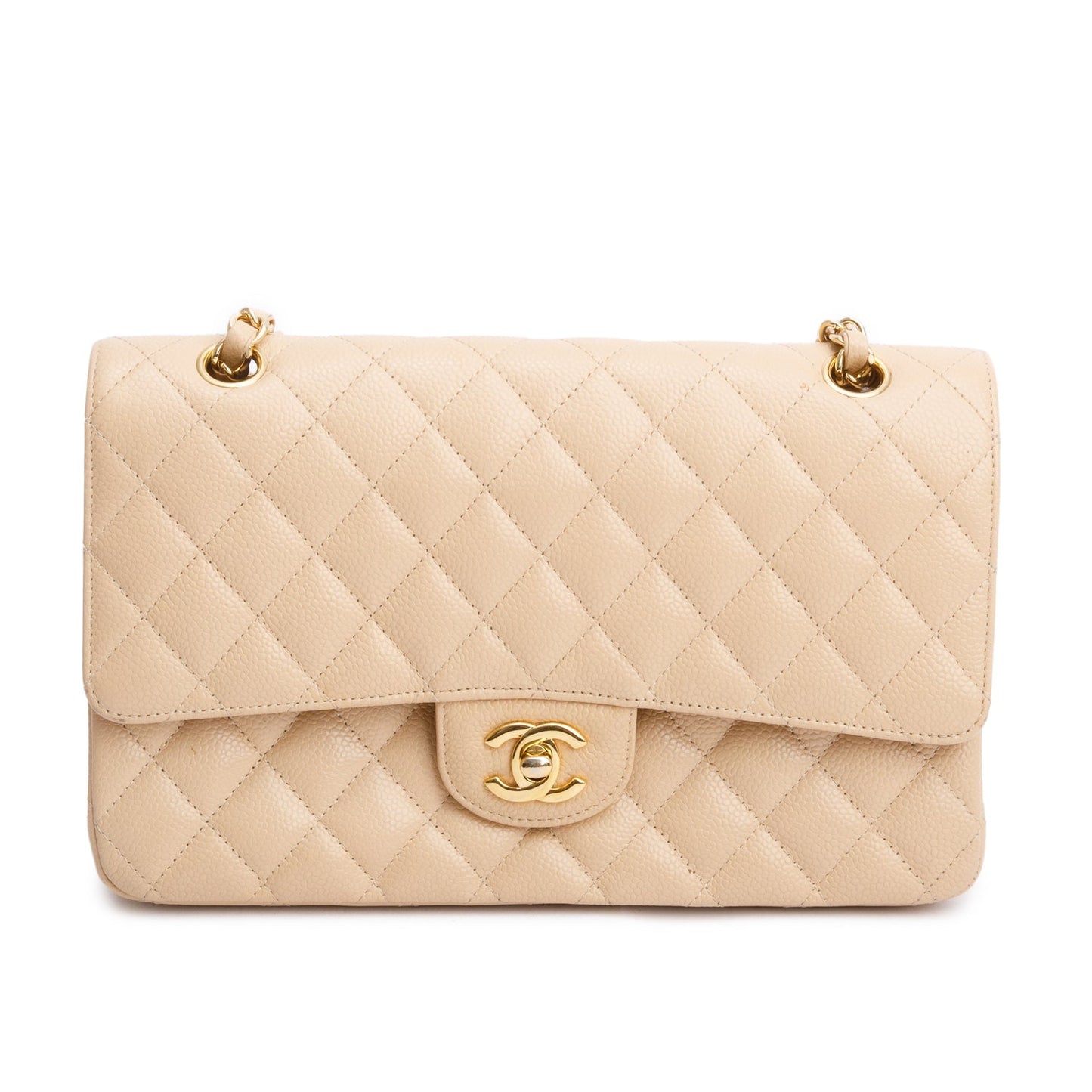 Chanel Quilted Caviar Double Flap Beige Travel Bag