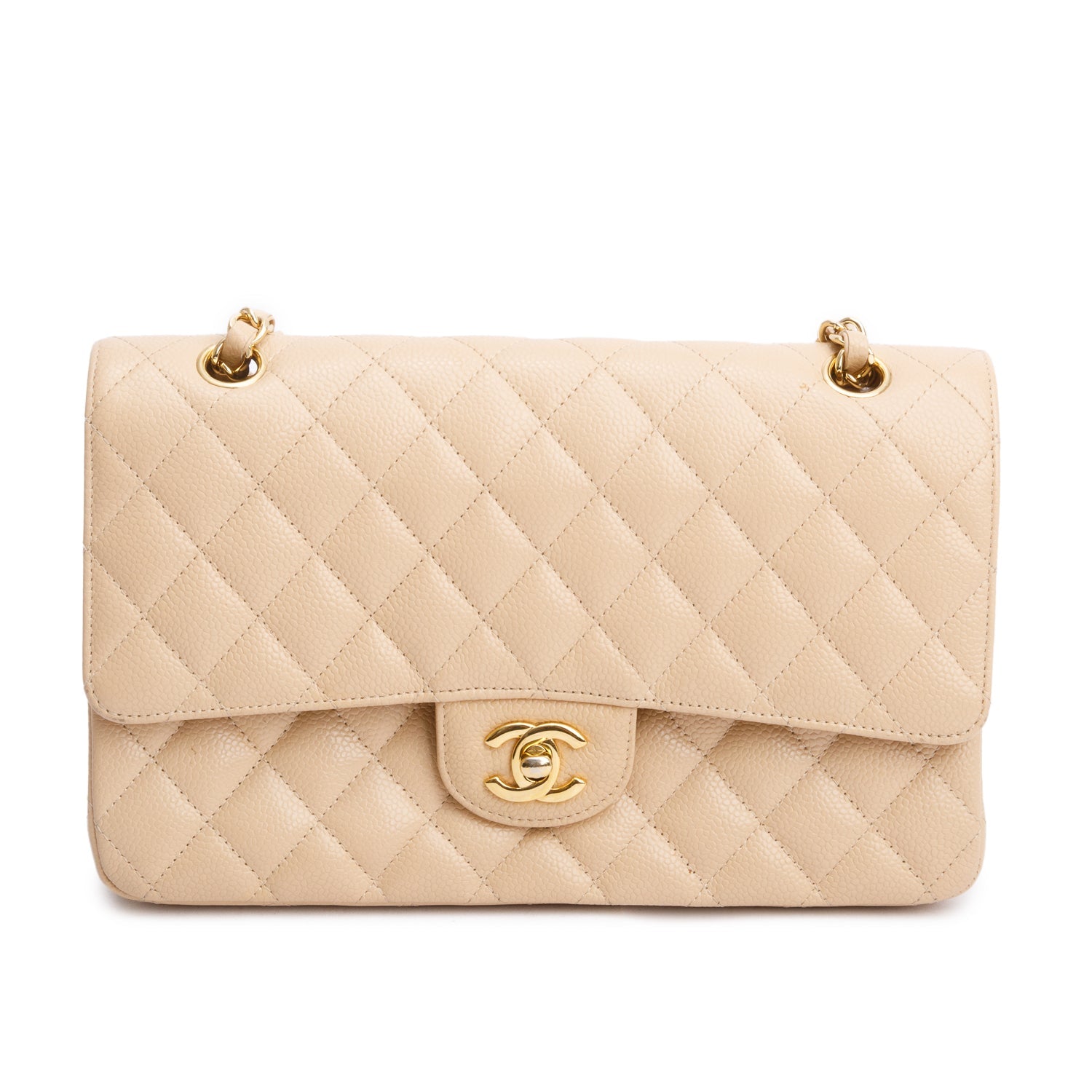 Chanel Quilted Caviar Double Flap Beige Travel Bag
