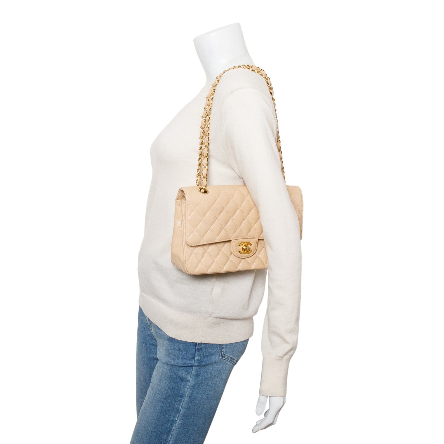Chanel Quilted Caviar Double Flap Beige Travel Bag