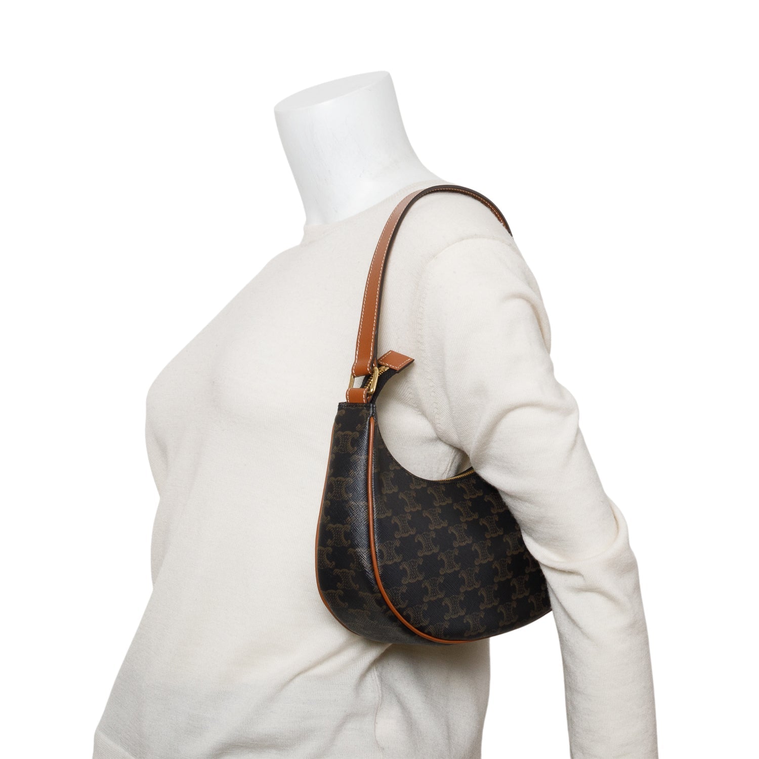 Celine Triomphe And Calfskin Ava Shoulder Bag Canvas Brown