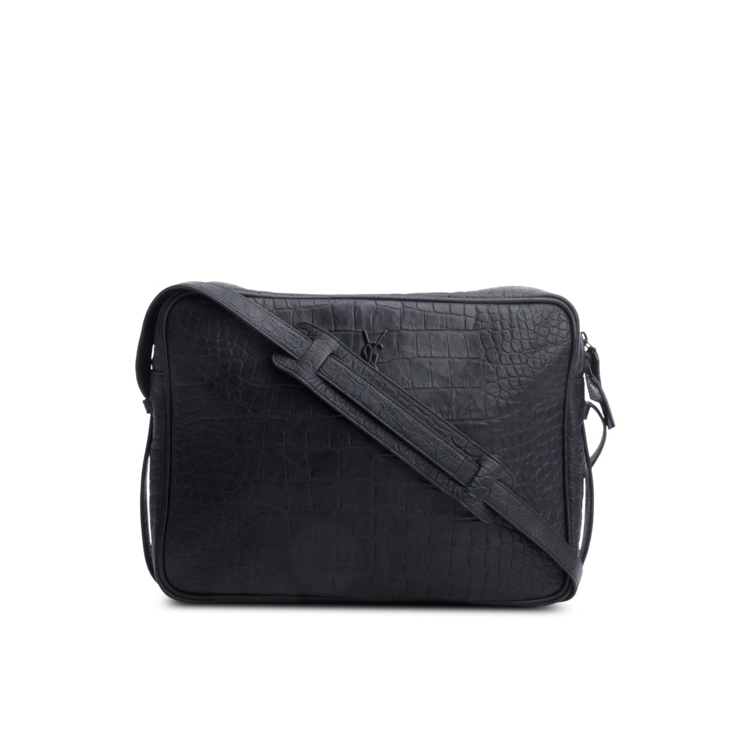 YSL Saint Laurent Croc Embossed Zip Messenger Bag Black Travel Bag