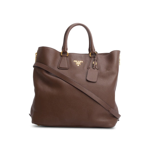 Prada Vitello Daino Side Zip Shopping Tote Handbag Leather Brown Tote Bag
