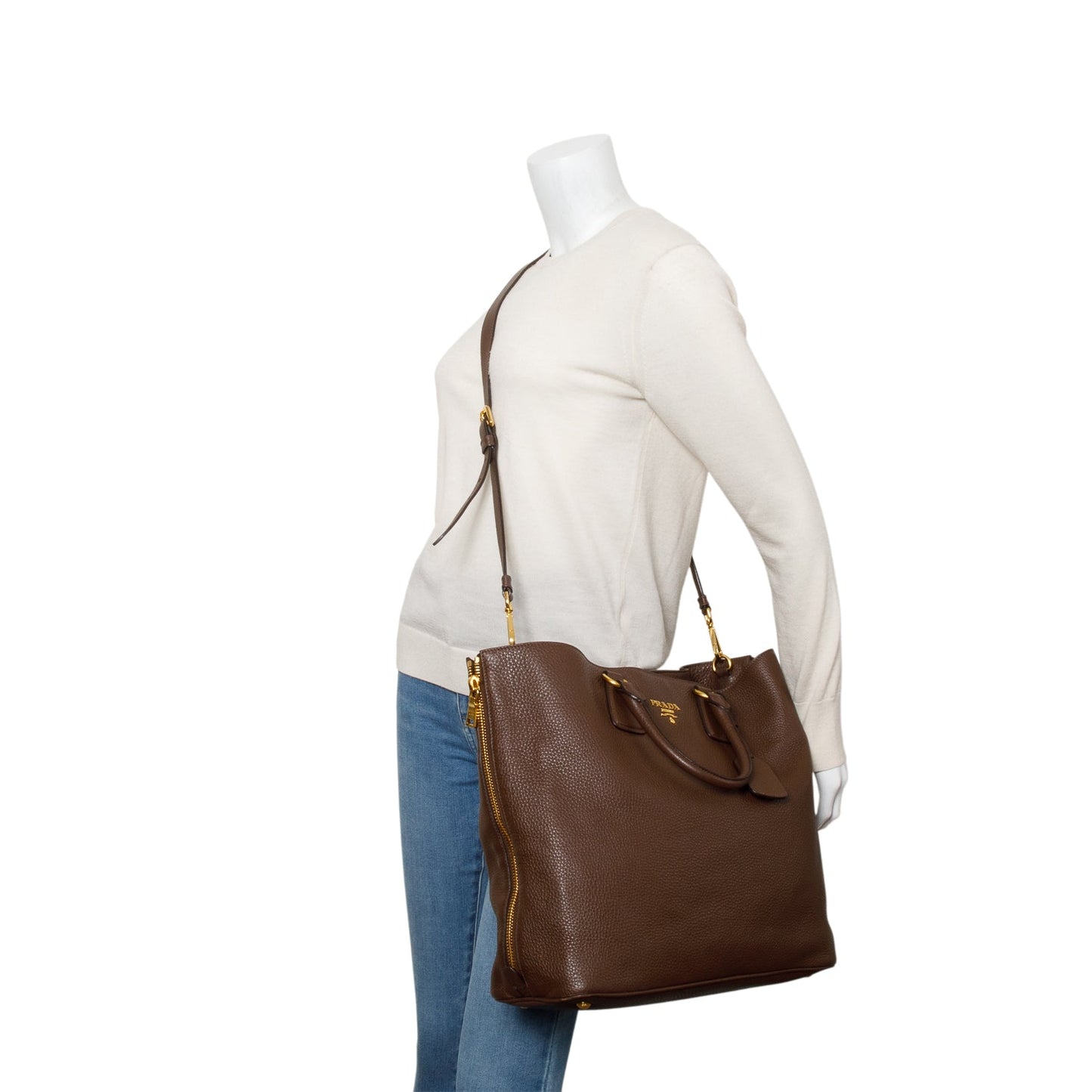Prada Vitello Daino Side Zip Shopping Tote Handbag Leather Brown Tote Bag