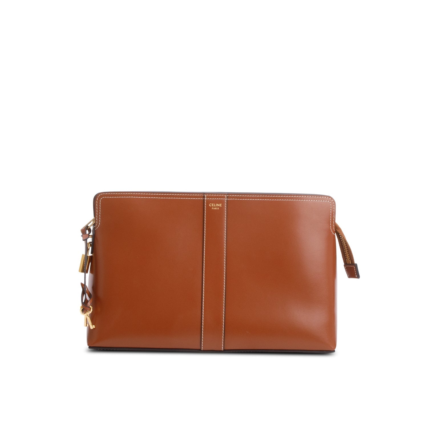 Celine Shiny Calfskin Lock Toiletry Pouch Handbag Leather Tan Travel Bag