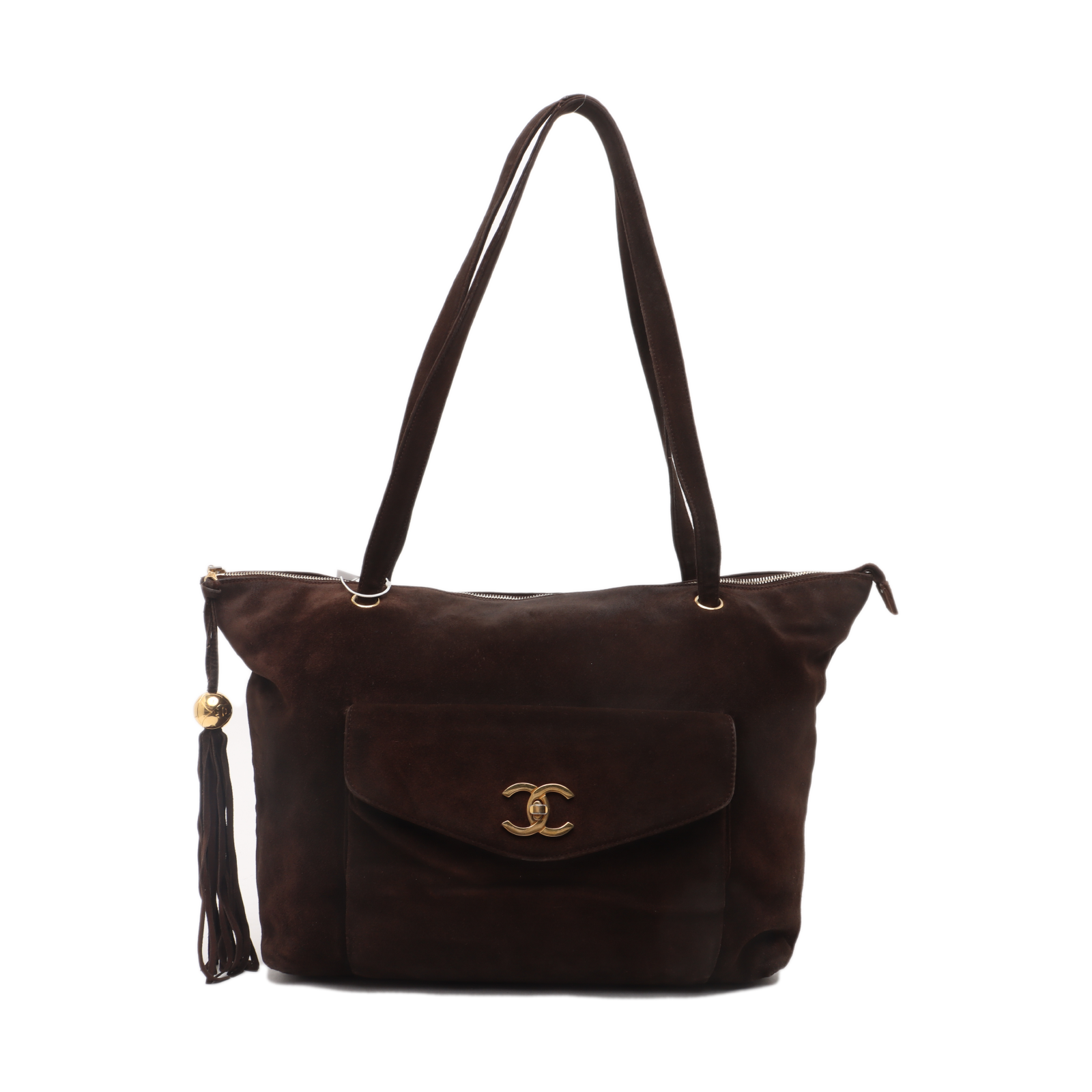 Chanel CC Shopping Suede Envelope Pocket Brown Tote Bag