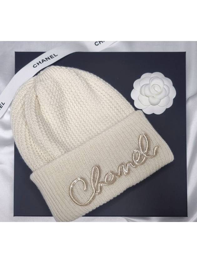 Logo Cashmere Beanie White Chanel