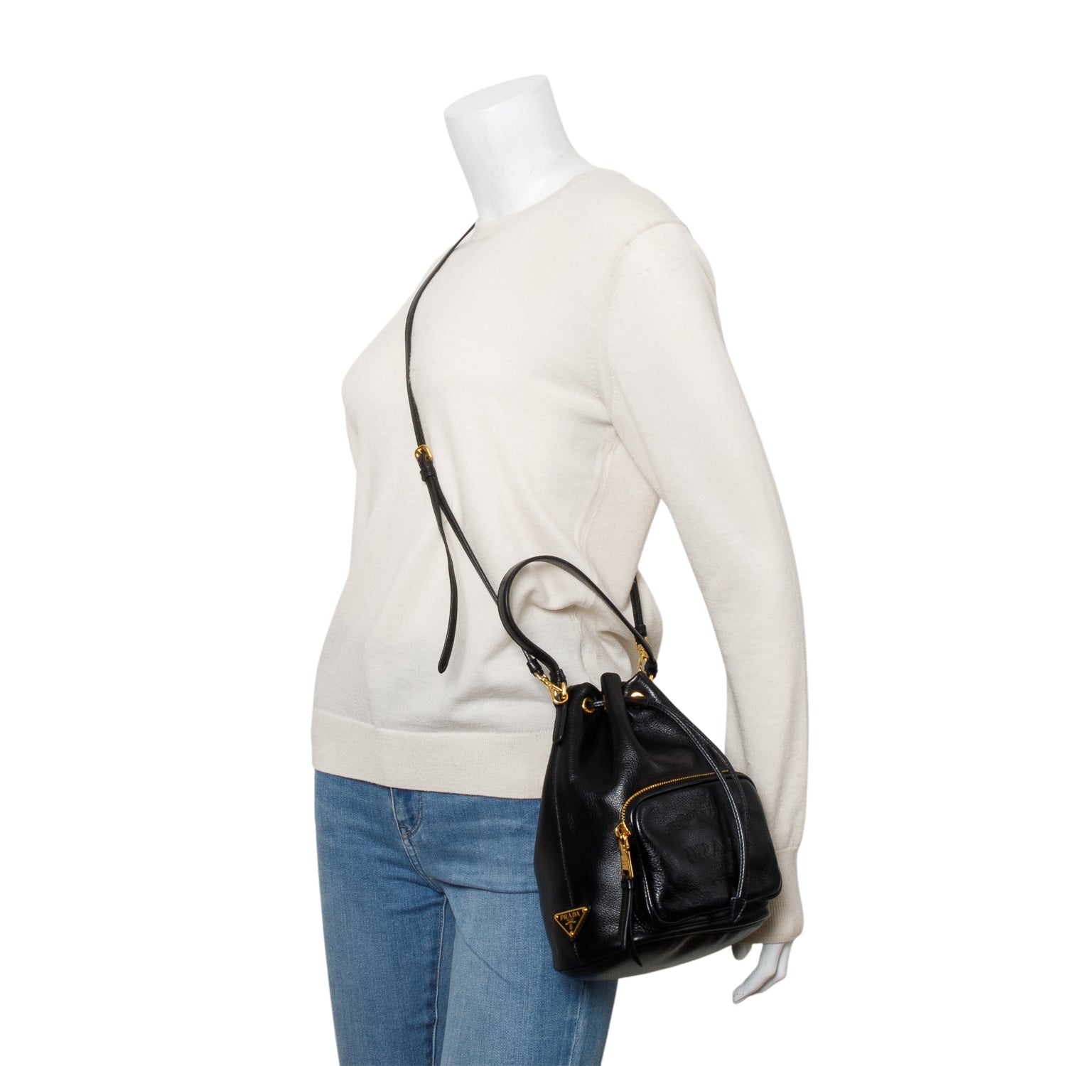 Prada Glace Calf Duet Bucket Bag Leather Black