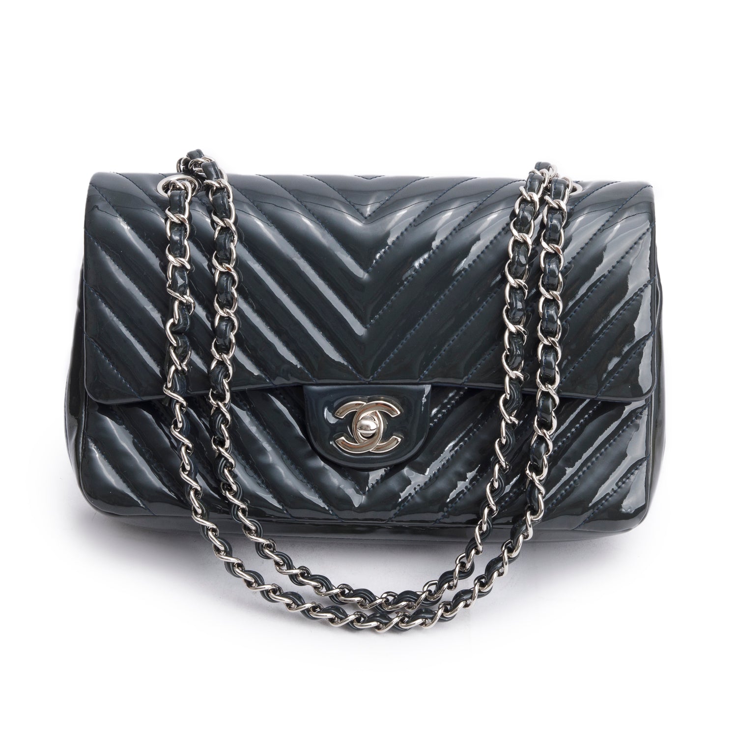 Chanel Chevron Quilted Patent Classic Double Leather Grey Travel Bag