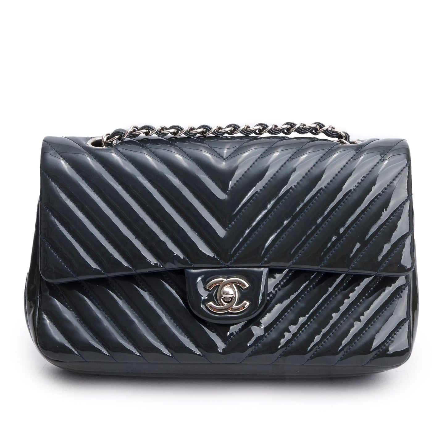 Chanel Chevron Quilted Patent Classic Double Leather Grey Travel Bag