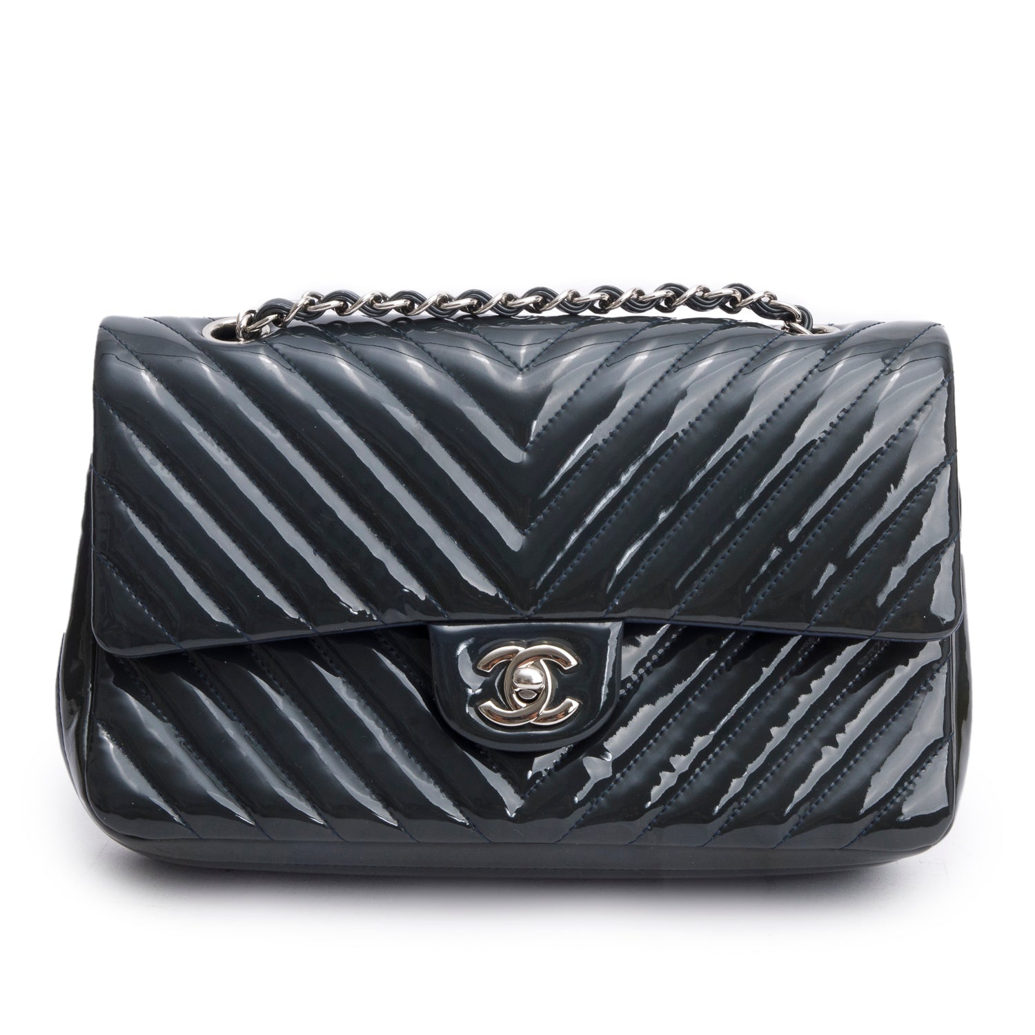 Chanel Chevron Quilted Patent Classic Double Leather Grey Travel Bag