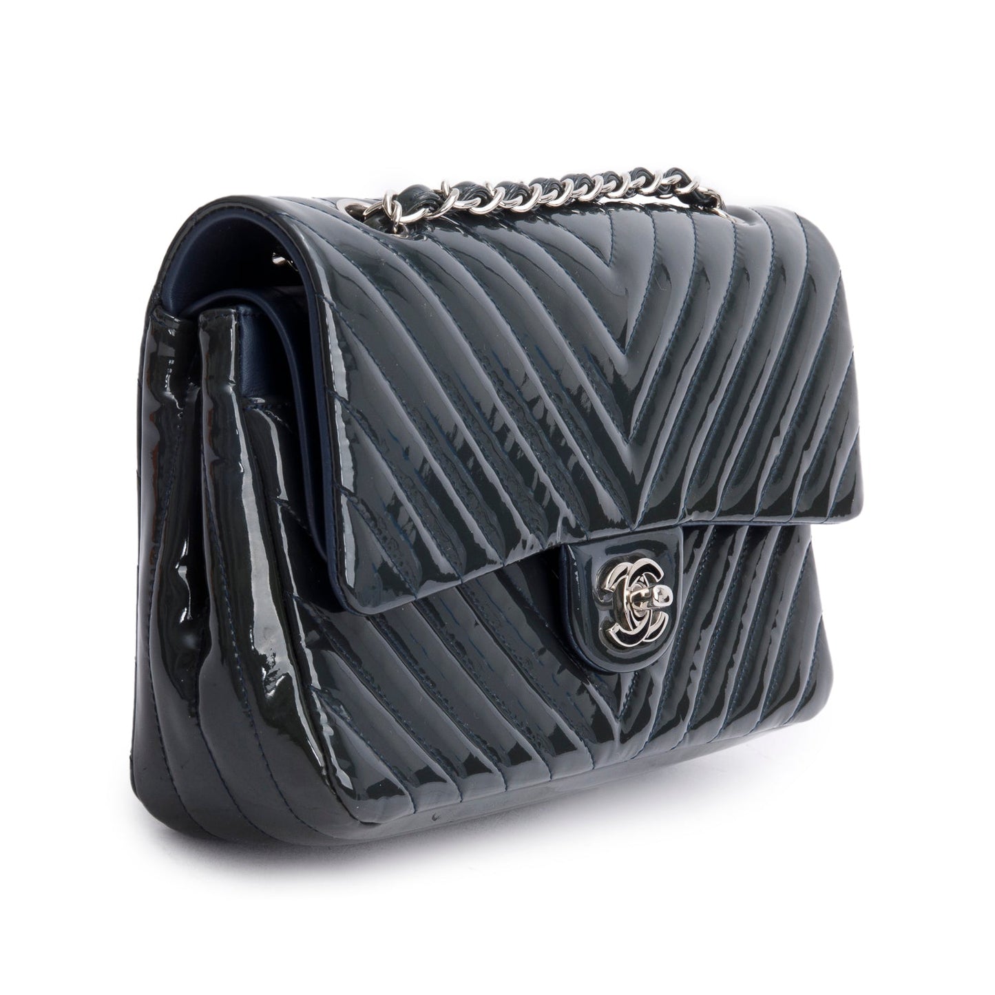 Chanel Chevron Quilted Patent Classic Double Leather Grey Travel Bag